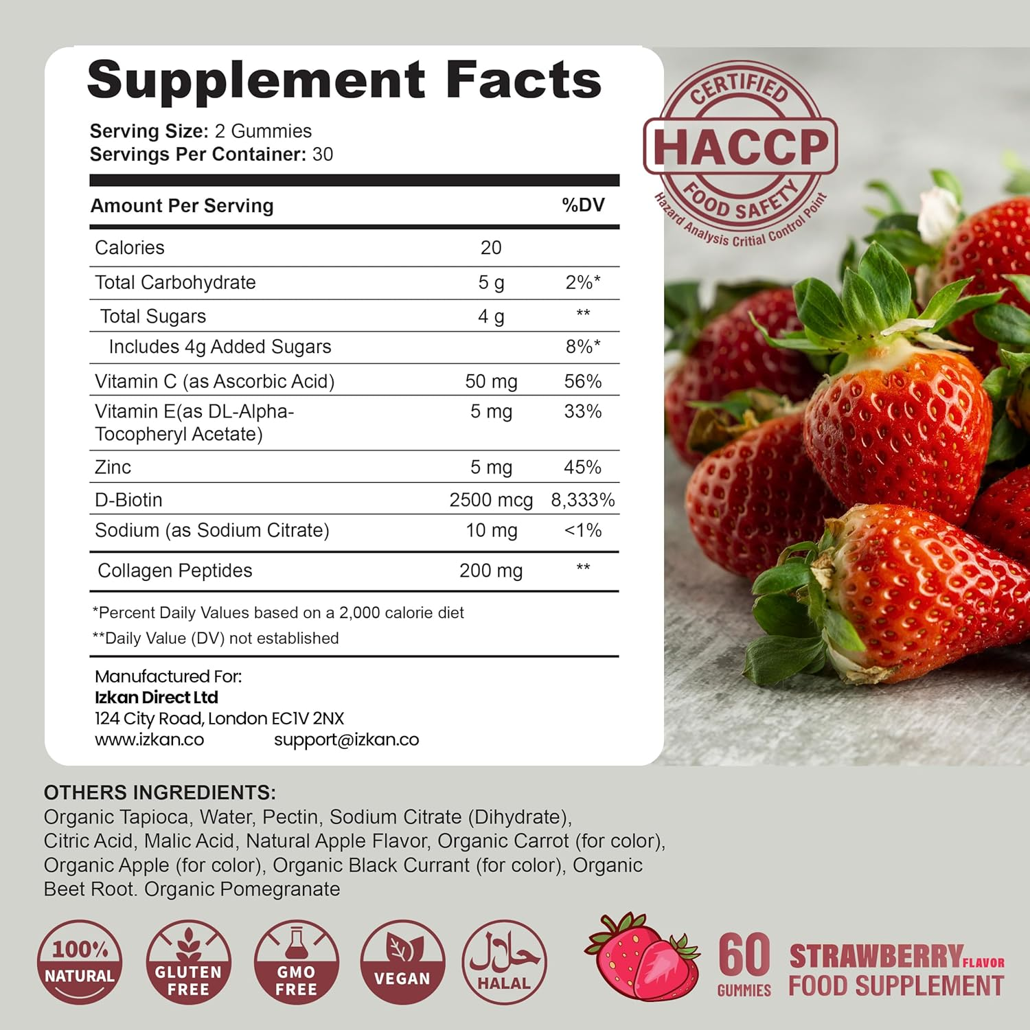 Collagen Gummies with Zinc, Biotin, Vitamin C & E &ndash; Type 1 Hydrolysed Collagen for Hair Glowing Skin Nails & Joint Support &ndash; High Absorption, Gluten-Free, Natural Strawberry Flavour &ndash; 60 Gummies (1)