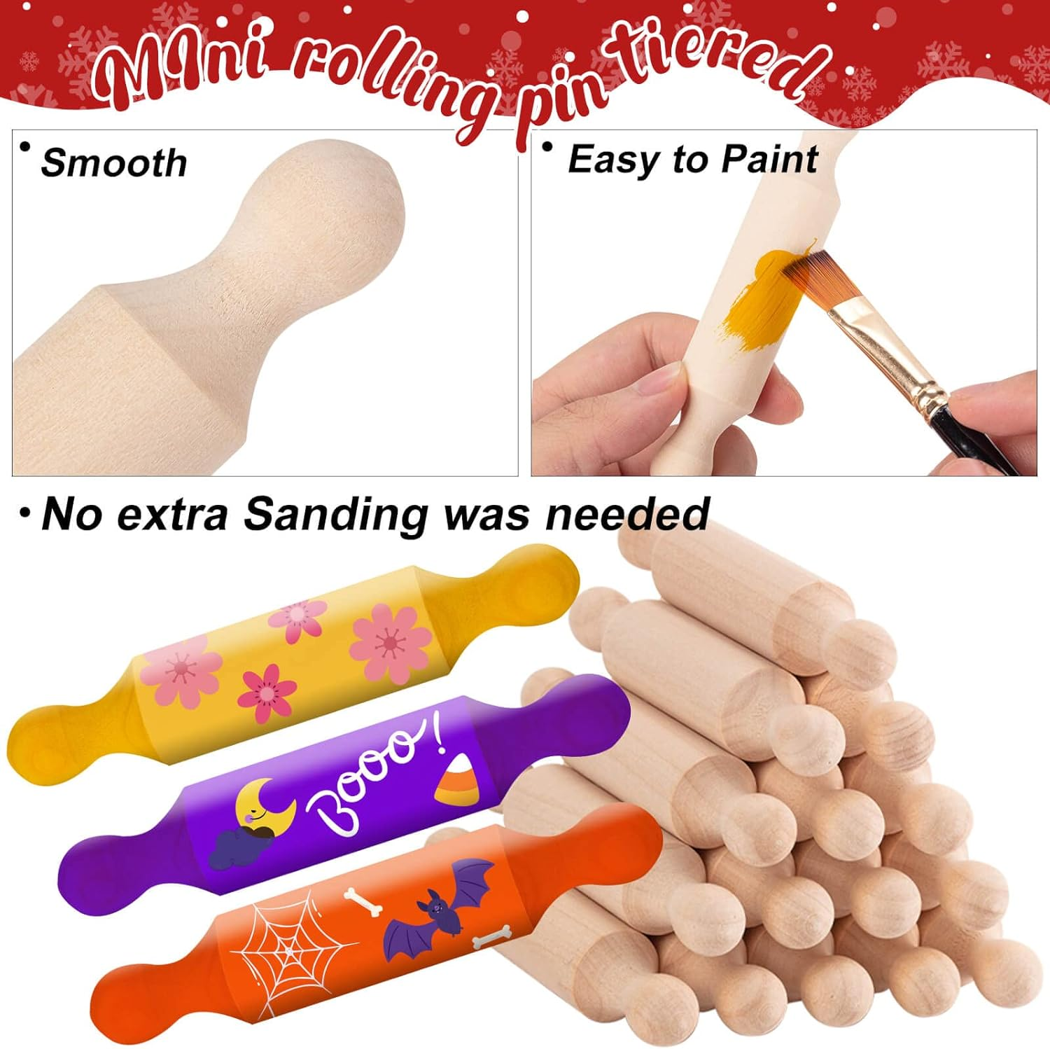 20PCS Mini Rolling Pins for Crafts, Small Wooden Dough Roller for Children in the Kitchen Baking and Imaginative Play, Wooden Tiered Tray Decorative for Halloween and Christmas Presents (4.1 Inches) image number 2