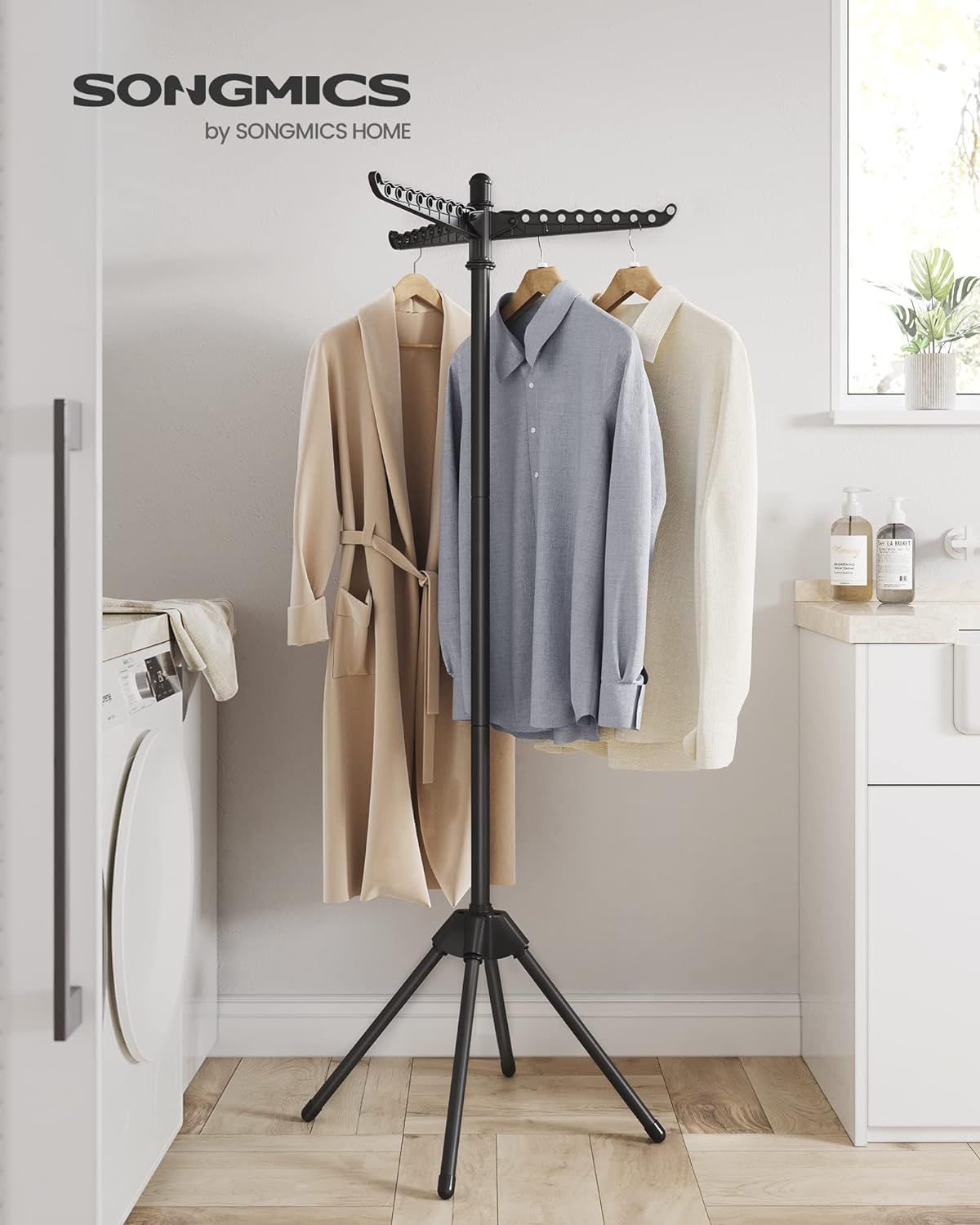 SONGMICS Clothes Airer, Clothes Drying Rack with 3 Rotatable Arms for Hangers, 4-Leg Indoor Folding Laundry Rack, Stainless Steel, for 27 Pieces of Clothes, 150 Cm High, Black LLR510B01