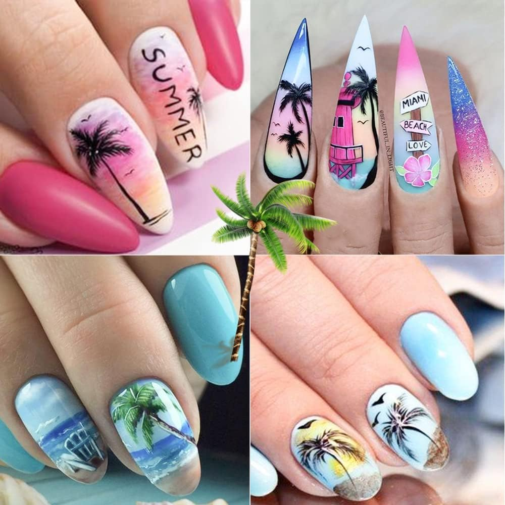 Summer Nail Stickers Coconut Palm Tree Nail Art Tropical Water Transfer Nail Decals 12 Sheets Beach Ocean 3D DIY Manicure Design Decor for Women Girl image number 4