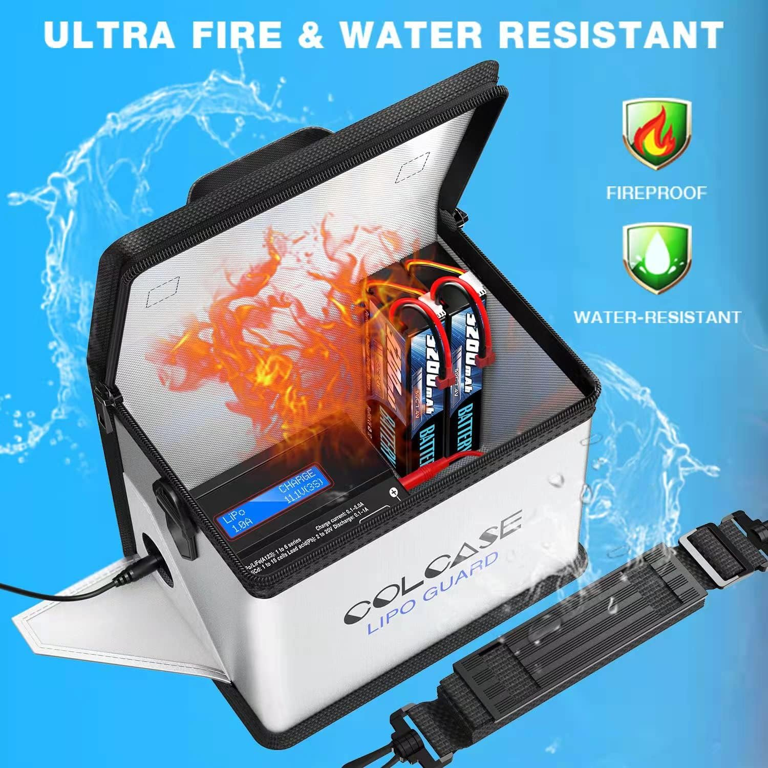 COLCASE Fireproof Explosionproof Lipo Safe Bag for Lipo Battery Storage and Charging, Large Space Highly Sturdy Double Zipper Lipo Battery Guard (198X150X135Mm)