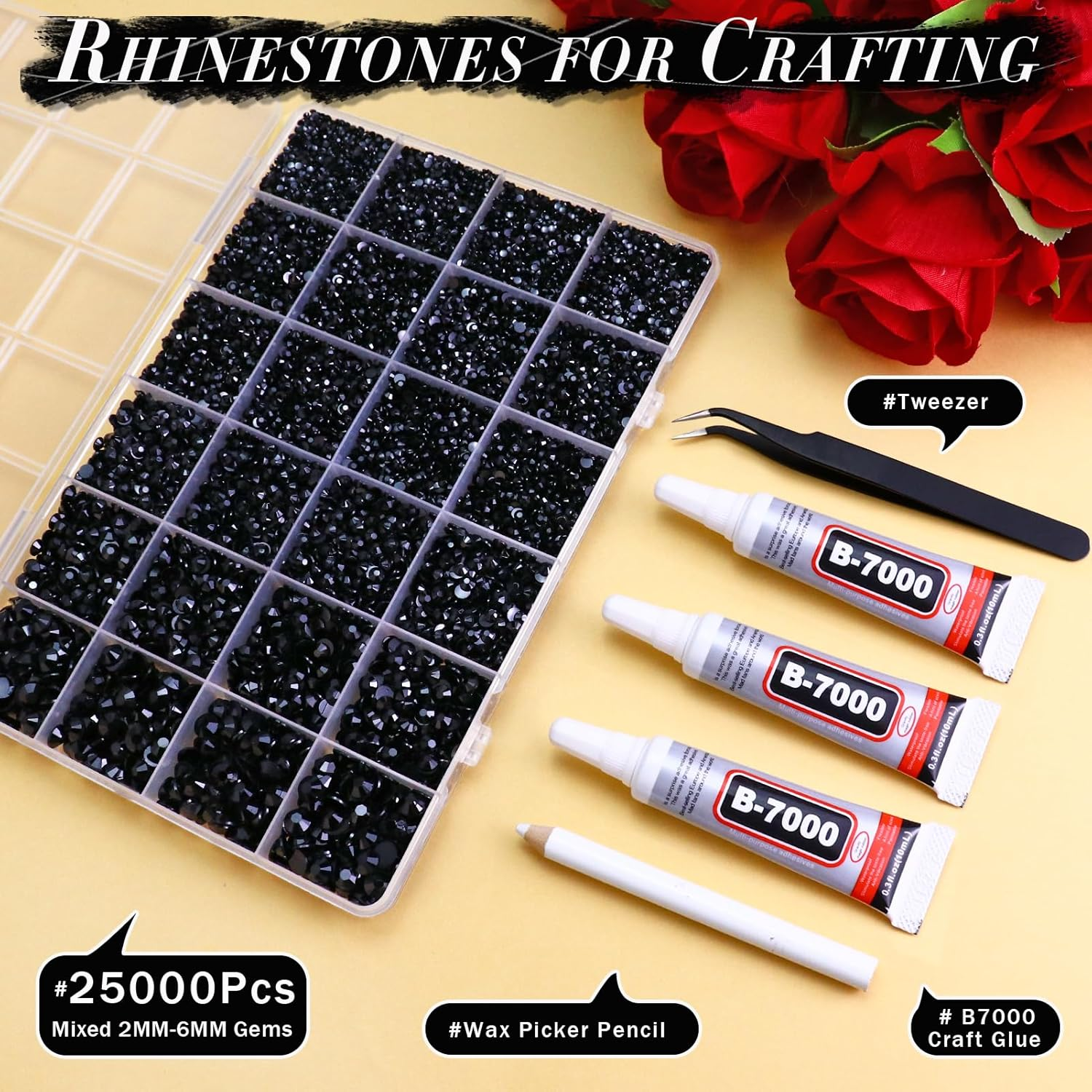 Briskbloom 25000PCS Jet Black Jelly Rhinestones, 2Mm 3Mm 4Mm 5Mm 6Mm Resin Flatback Rhinestones for Crafts Tumblers Shoes Celebration Makeup, Graduation Cap Bling Gems with B7000 Glue, Solid Black image number 2