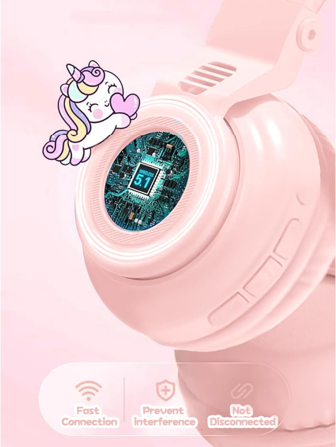 OHAANYY Wireless Headphones for Children, Headphones Bluetooth Unicorn Foldable, Girls with Cable and Microphone Headphones Children with LED Light Stereo Headphones for Mobile Phone/Tablet/Pc (Pink) image number 6