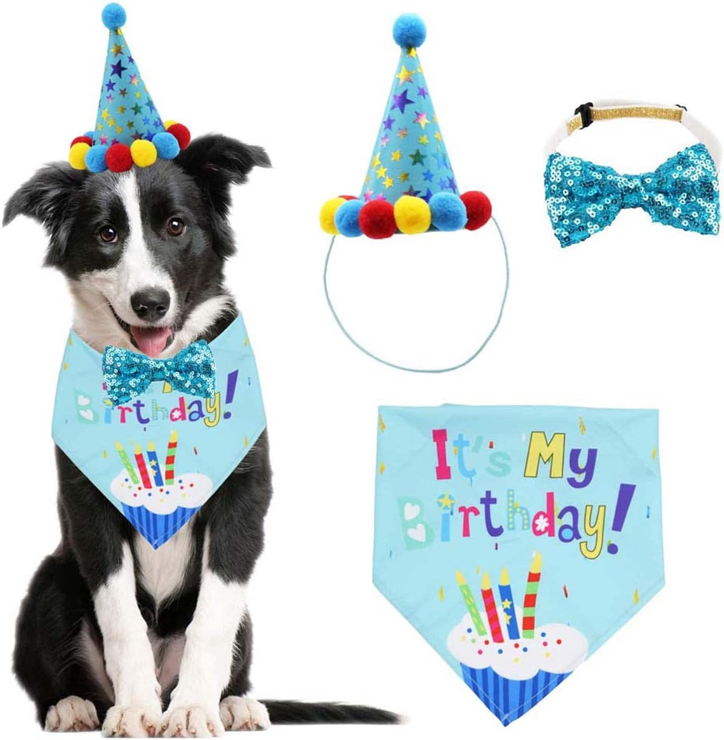 Dog Birthday Bandana Set, with Cute Doggie Birthday Party Hat and Bow Tie, for Cat and Dog Decoration(Blue) image number 1