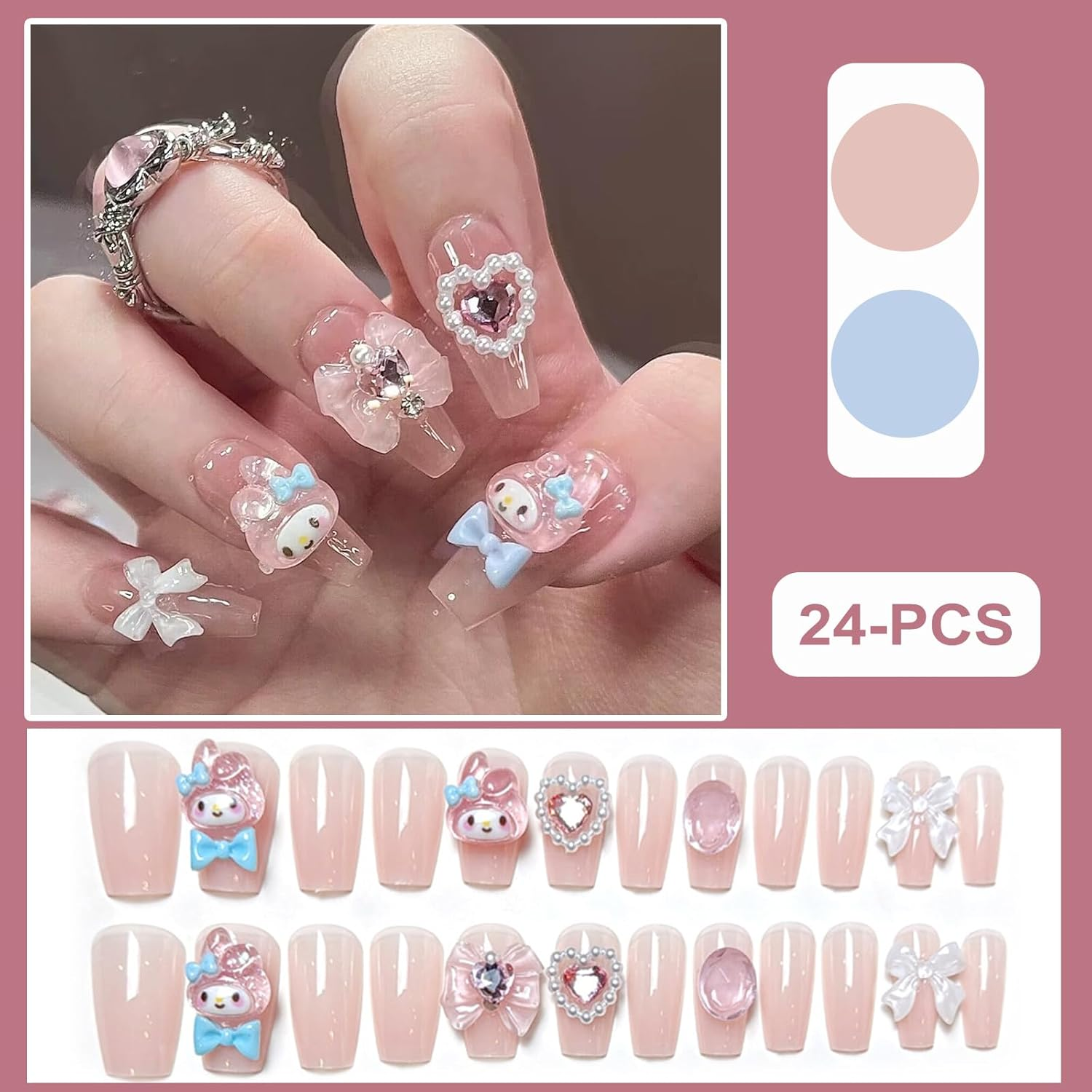 24PCS Cute Kawaii 3D Cartoon False Nails,Medium Pretty Press on Nails,Nude Pink Coffin Fake Nails with 3D Bow Design,Glossy and Full Cover Acrylic Nails for Women or Girls image number 1