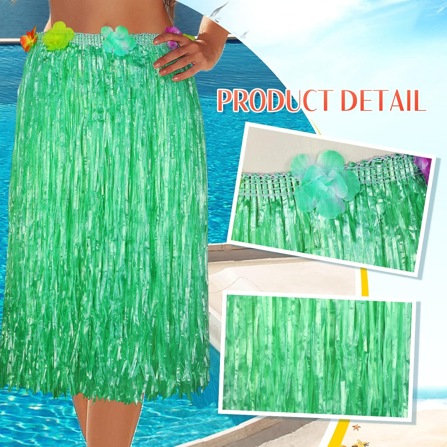6 Pcs Coconut Bra Hawaiian Grass Hula Skirt Costume Set 31.5 Inch Dance Leis Outfit for Women Luau Party Supplies image number 5