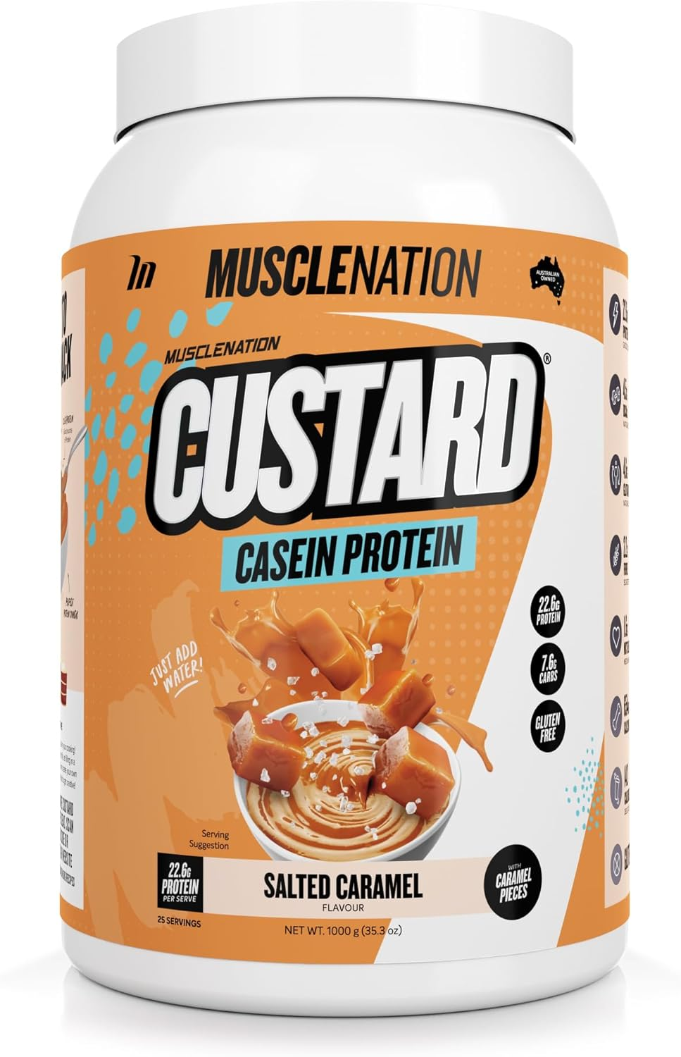 Muscle Nation Salted Caramel Custard Casein Protein Powder &ndash; Supports Muscle Recovery, High Protein, Low Carb, Vegetarian Supplement 1Kg (25 Serves) image number 3