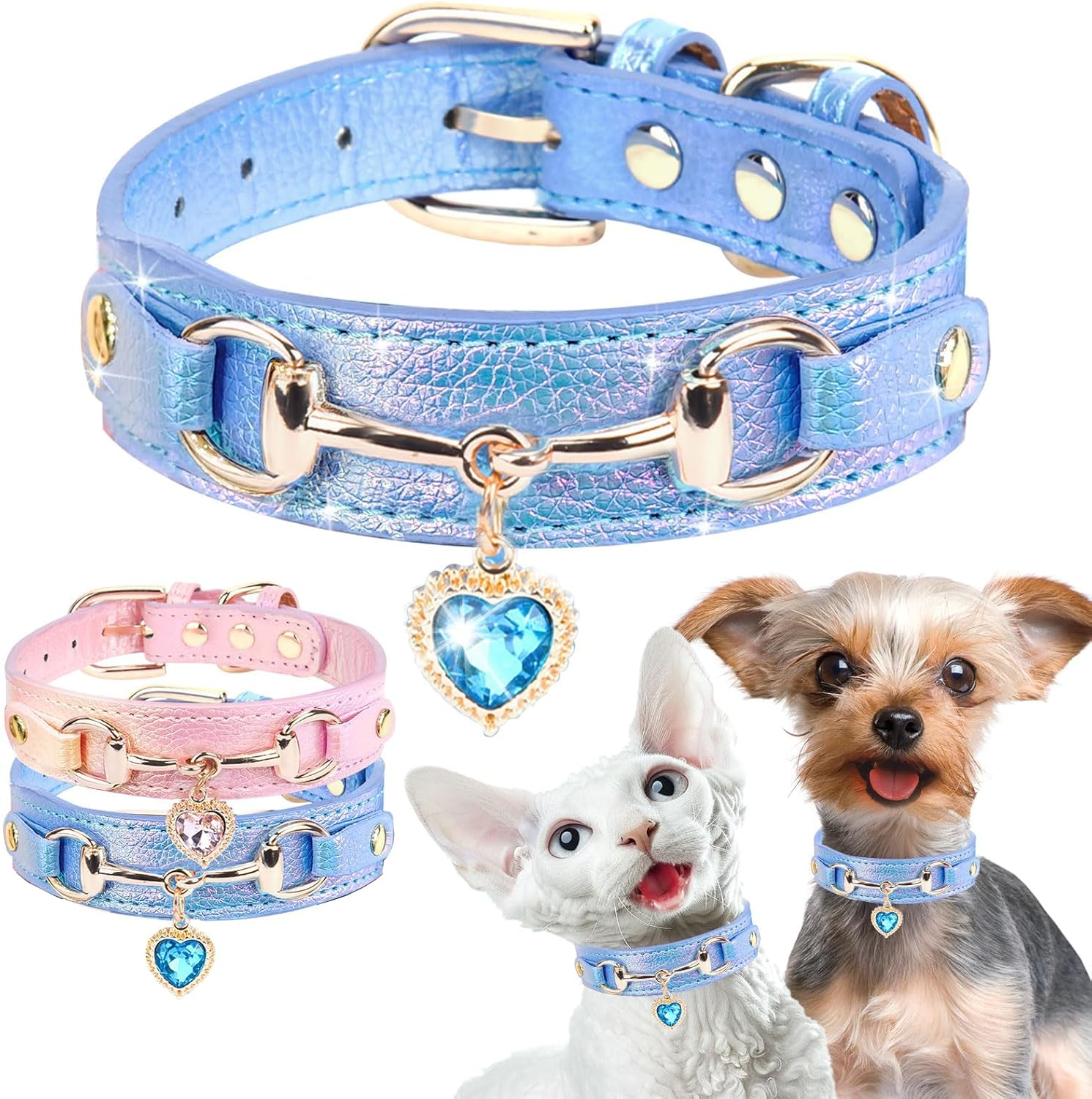 Cute Small Dog Cat Collar, Unique PU Leather - Bling Sparkle in the Sunlit, Puppy Collars with Rhinestone Heart Pendant, Pet Dog Necklace Collar Chihuahua (Blue, XS (Neck 8"-10")) image number 4