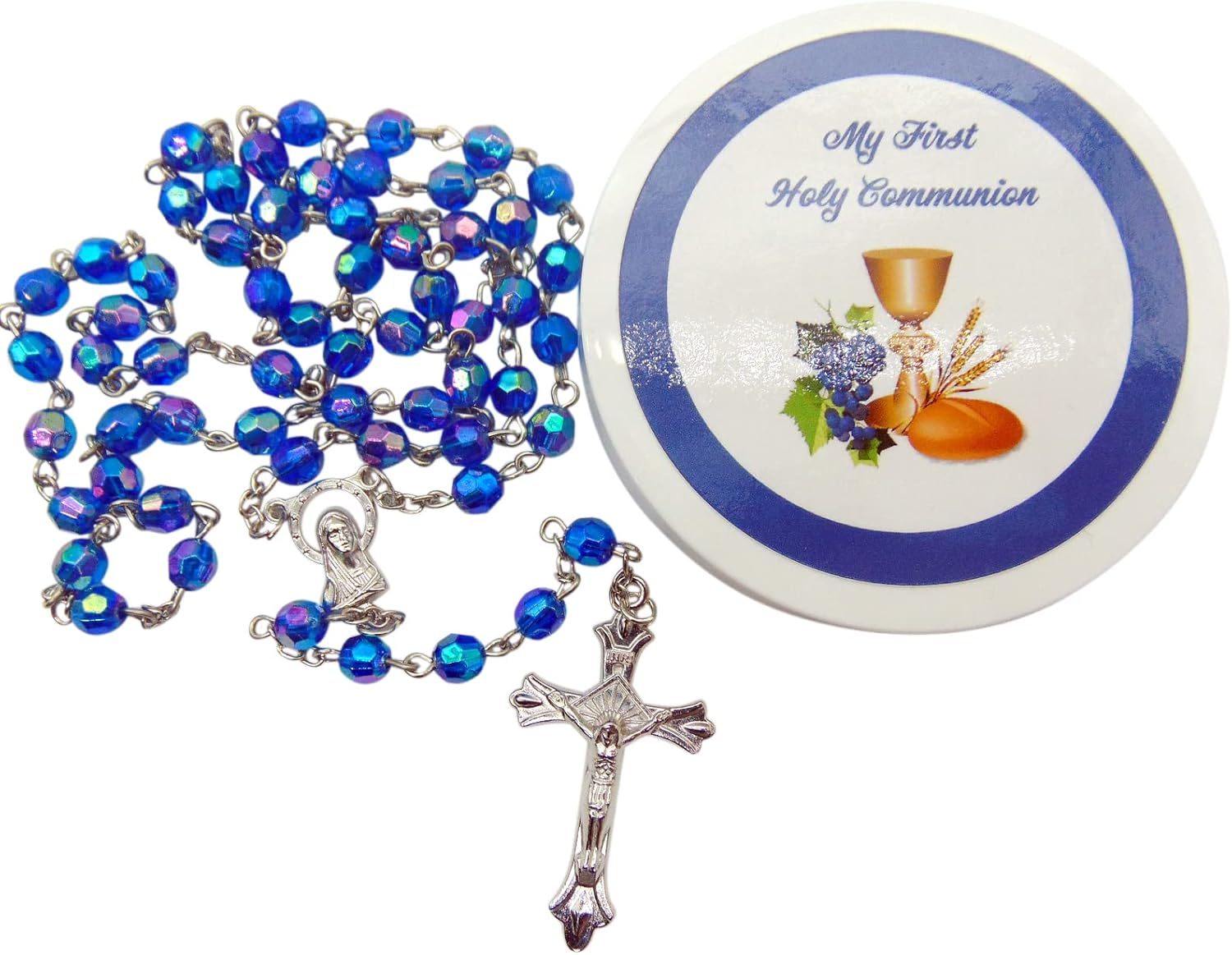 Westmon Works First Communion Rosary Set Blue Glass Beads in a Protective Case with Matching Holy Prayer Card, Metal, No Gemstone image number 4