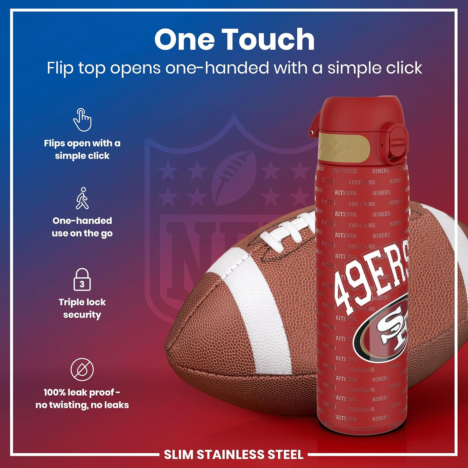Ion8 NFL 49Ers Lightweight Steel Water Bottle, 600 Ml/20 Oz, Non-Insulated, Leak Proof, Easy to Open, Secure Lock, Dishwasher Safe, Flip Cover, Fits Cup Holders, Metal Water Bottle image number 6