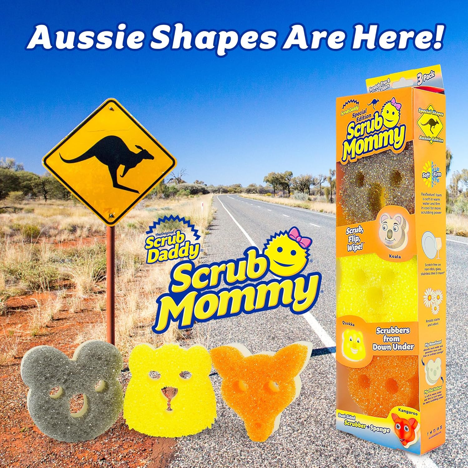 Scrub Mommy Aussie Shapes 3 Pack - Limited Edition Grey Koala, Yellow Quokka, Orange Kangaroo - One Side for Scrubbing, the Other for Mopping Up image number 2