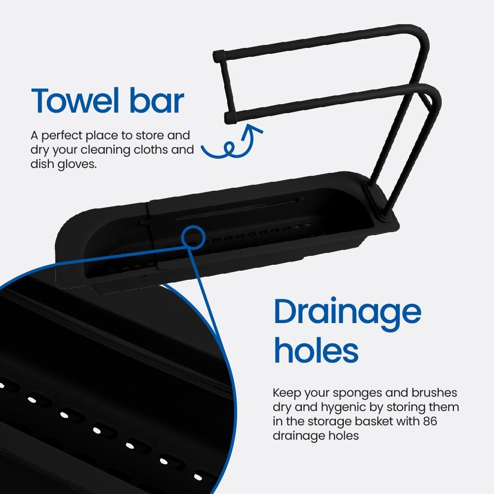 White Magic Sink Organiser Black - Adjustable 36-50Cm, Rust-Free with Recessed Compartments, Towel Bar, and Drainage for Dry, Clutter-Free Sink Storage. Easy to Assemble, Clean, and Built to Last image number 4