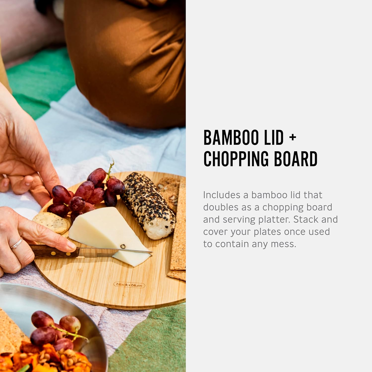 Black+Blum Picnic Plate Set of 4 - Stainless Steel Plates with a Bamboo Chopping Board Lid and Carry Strap image number 5