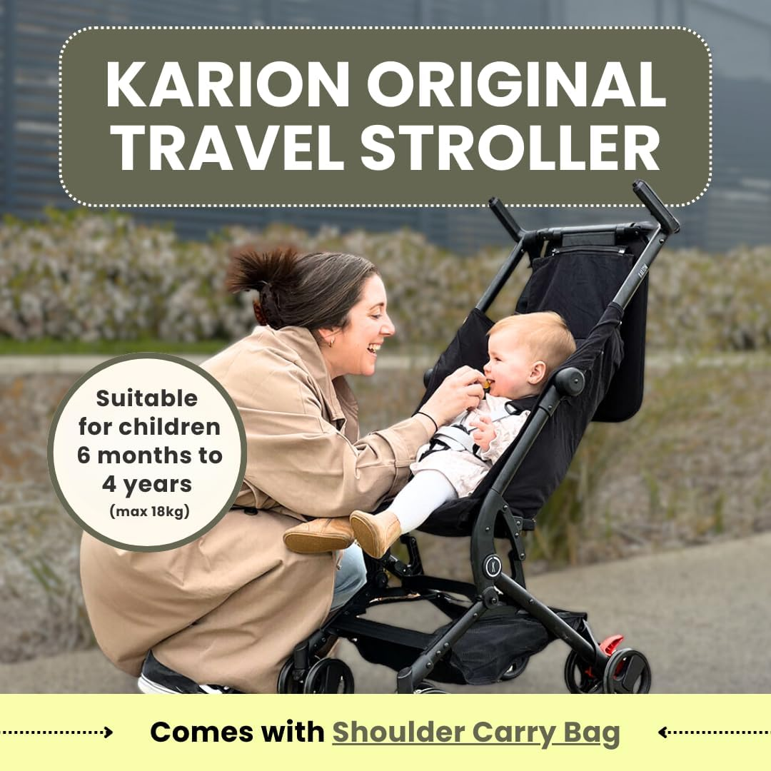 KARION Original Travel Stroller - Ultra-Compact & Lightweight, Carry-On Approved, Fits Airplane Overhead Lockers, Easy-Fold,Includes Carry Bag for Families on the Go (1, Stroller W/ Standard Carry Bag + Backpack) image number 3