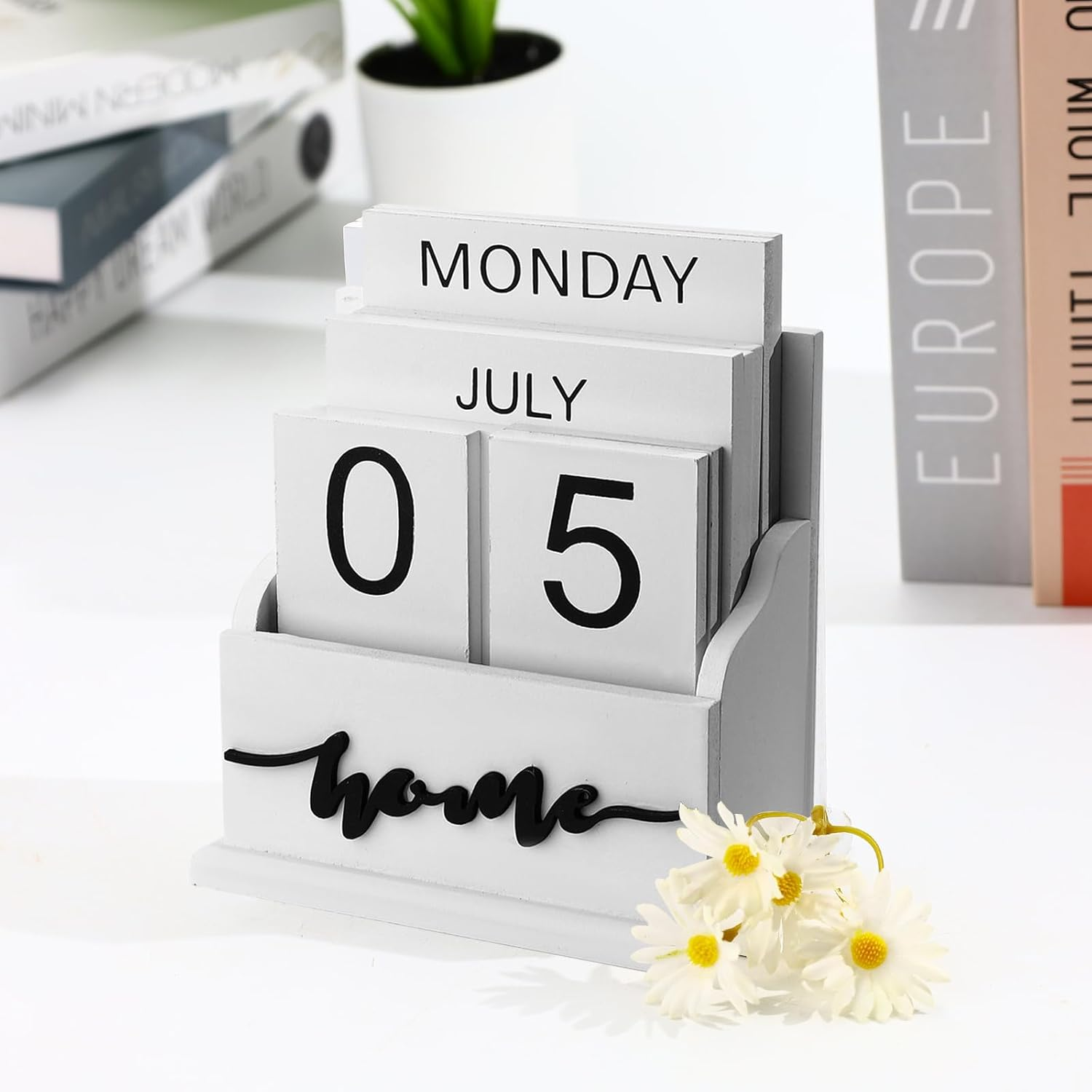 Wooden Block Perpetual Calendar for Desk, Wood Desktop Month Week Date Display Calendar, Rustic Farmhouse Boho Home Office Decor Aesthetic Desk Accessories (White) image number 1