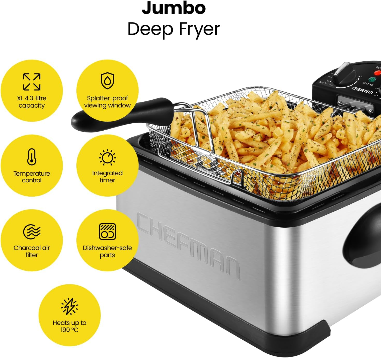 Chefman 4.3 Litre Deep Fryer W/Basket Strainer, XL Jumbo Size, Adjustable Temperature & Timer, Perfect for Fried Chicken, Shrimp, Chips & More, Removable Oil-Container, Stainless Steel image number 6