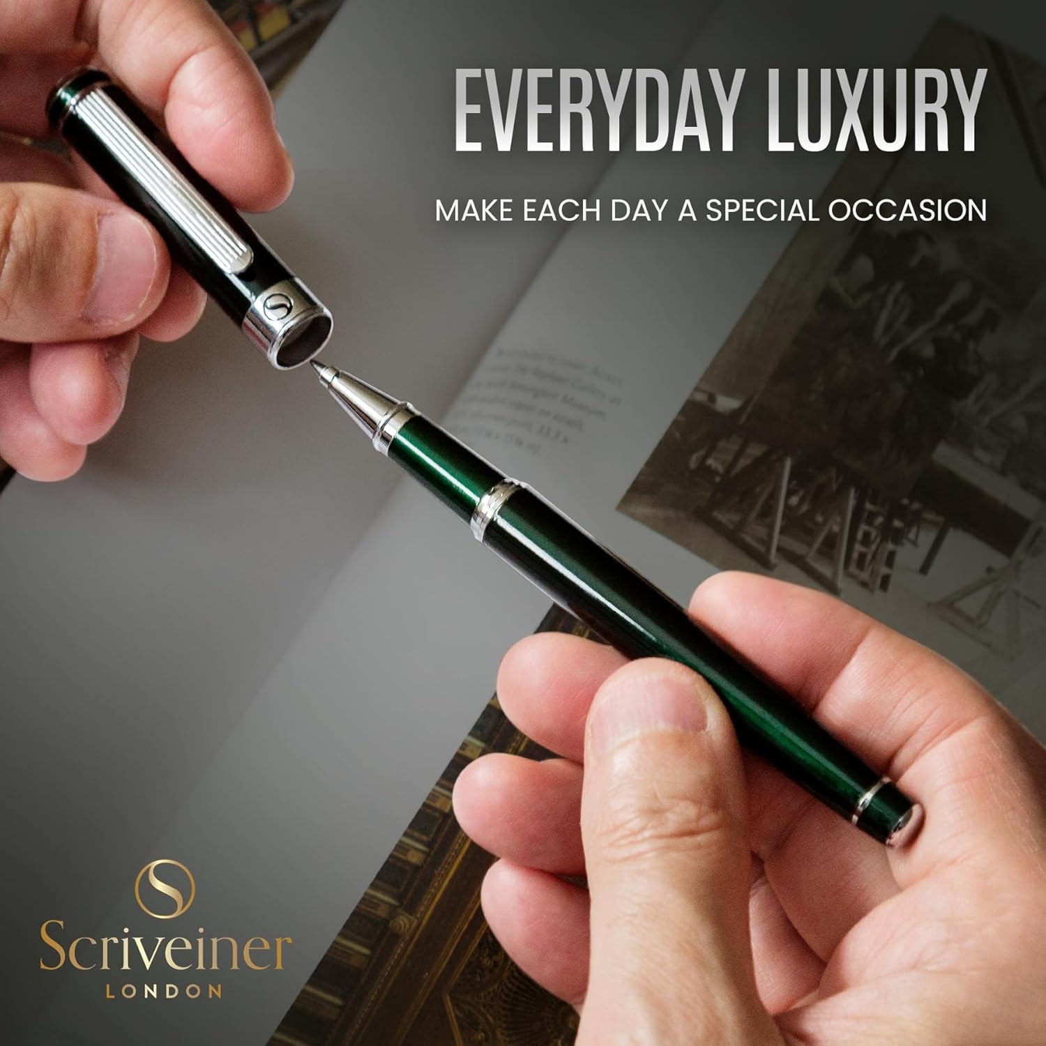 Scriveiner British Racing Green Rollerball - Stunning Luxury Pen with Chrome Finish, Schmidt Ink Refill, Best Roller Ball Pen Gift Set for Men & Women, Professional, Executive Office, Nice Pens image number 5