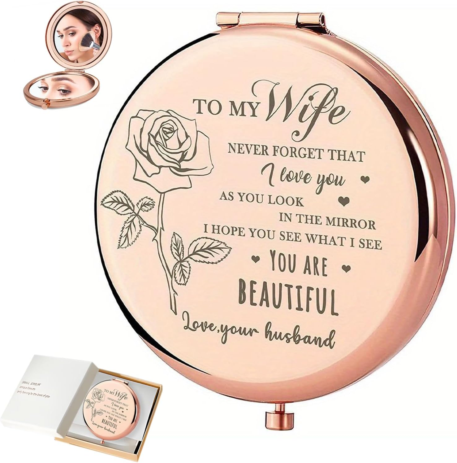 Checkzed Souvenir for Wife - Gold Compact Mirror, Romantic Souvenir for Your Lover, Birthday, Valentines Day, Mothers Day, Travel Makeup Mirror, Unique Souvenirw for Her (For Wife) image number 4