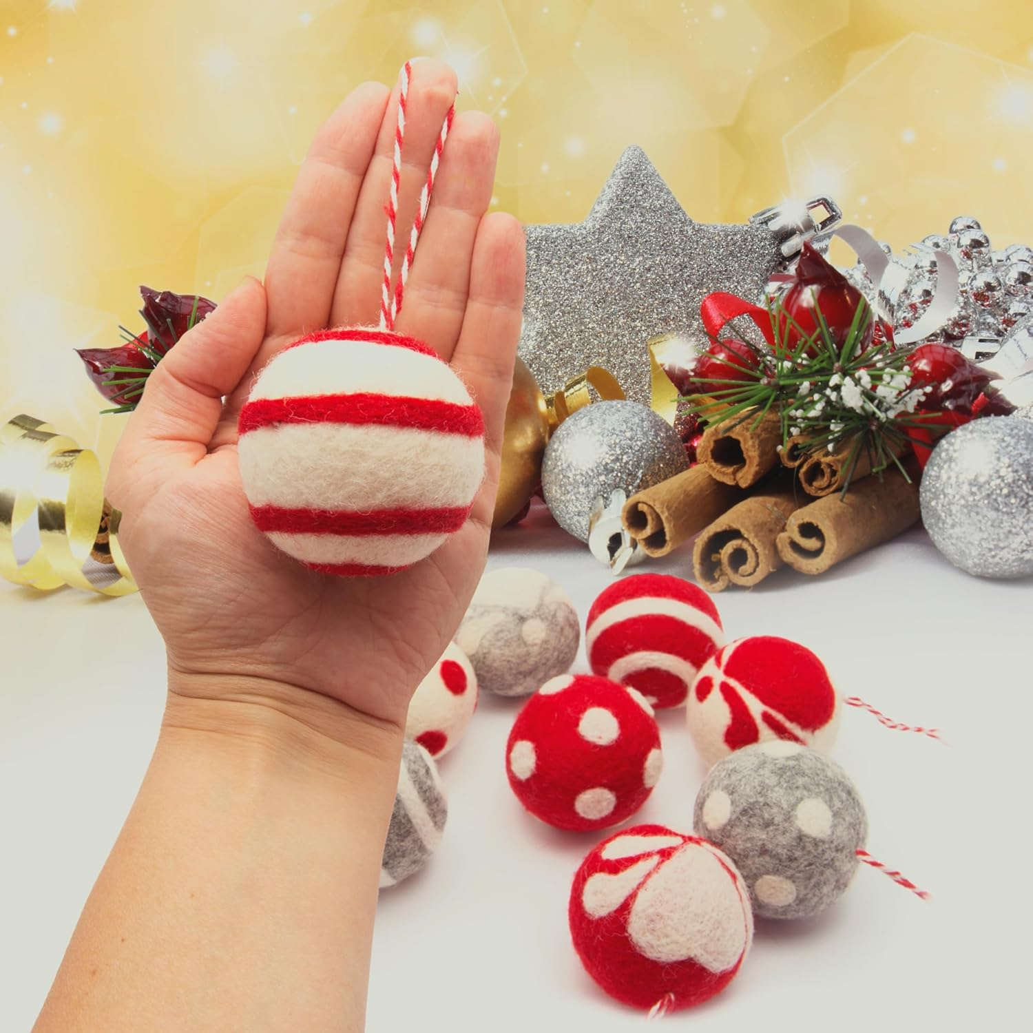 Glaciart One Felt Balls Christmas Ornaments (9 Pieces) 2 Inch (5 Cm), 100% New Zealand Wool, 3 Colors Hand-Felted in Nepal - Christmas Party Banner Decoration - Scandinavian Wool Snowflake image number 5