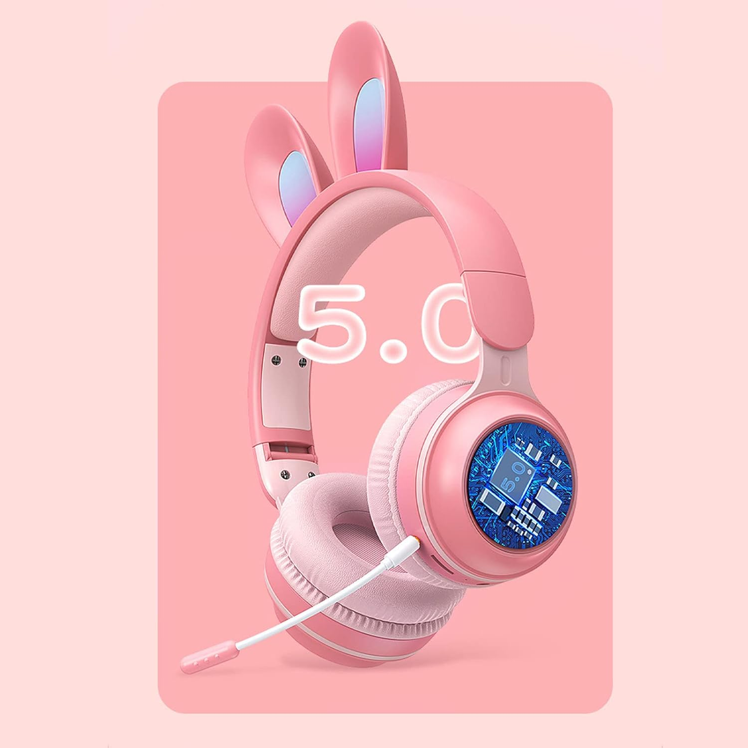 ASHATA Foldable Bluetooth 5.0 Headphones with Microphone, Cute Rabbit Ear, Wireless, Over-Ear Headphones for Green Children, Teenagers, Adults, 12 Hours Listening Time, Tf/Aux, Built-In in 7 Models, image number 3