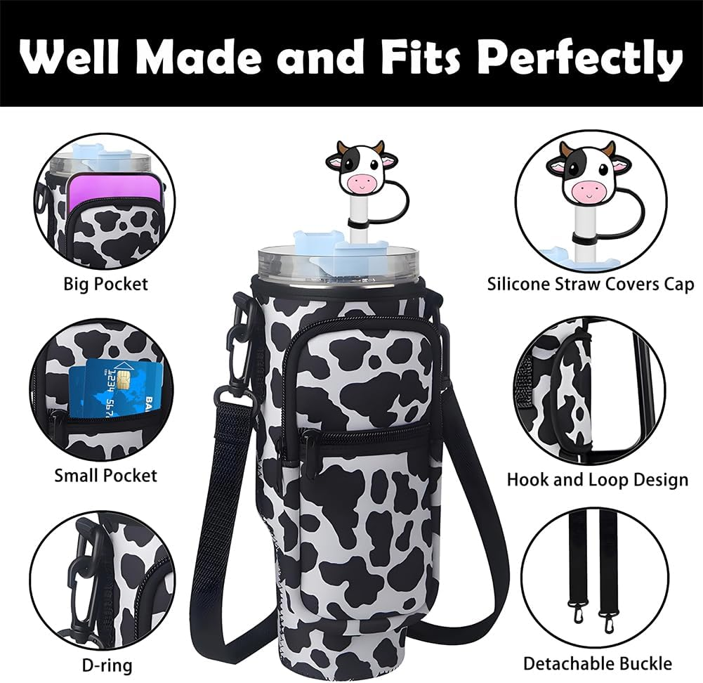 Cute Water Bottle Holder Bag Stanley Cup Bag, Cow Print Water Bottle Pouch with Adjustable Shoulder Strap, Stanley Cup Holder with 2Pcs Cow Straw Covers for Hiking, Camping, Fishing