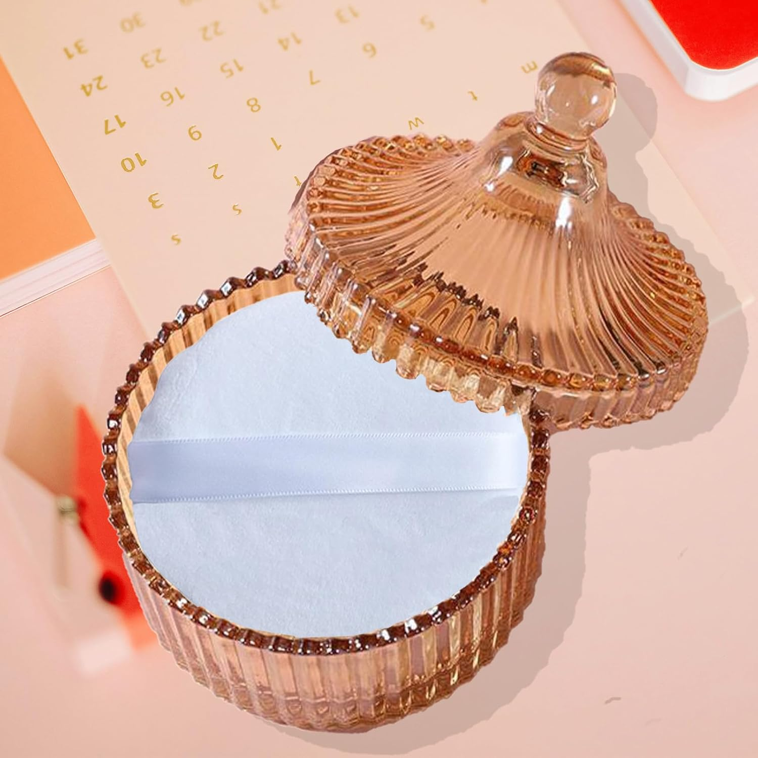 Body Powder Puff and Container, Glass Box for Dust Puff, Powder Applicator with Case for Dusting Powder (Retro) - Light Pink image number 2