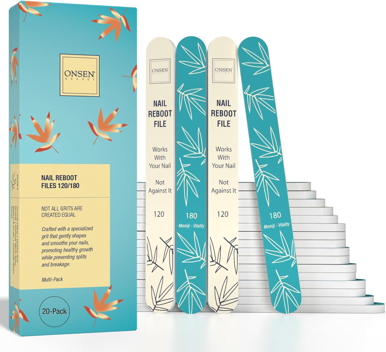 Onsen Secret Japanese Nail File - Professional 20-Pack Nail Files, Double Sided Natural & Acrylic Nail Filers - 120/180 Grit - Disposable, Salon Smooth, Best Nail File for Shiny Nails