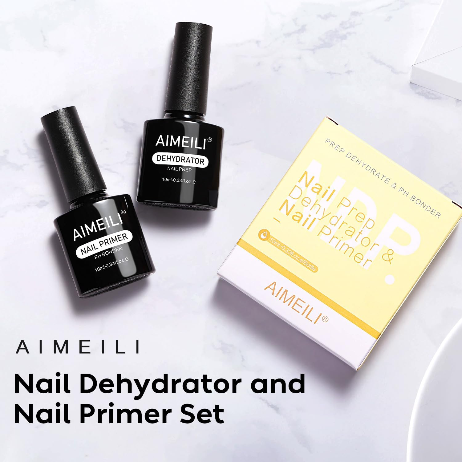 AIMEILI Nail Prep Bond Primer Quick Dry Nail Prep Dehydrator, UV LED Gel Foundation Bonding Primer for Nail Tips, Acrylic Powder and Builder Nail Gel 2X10Ml Set