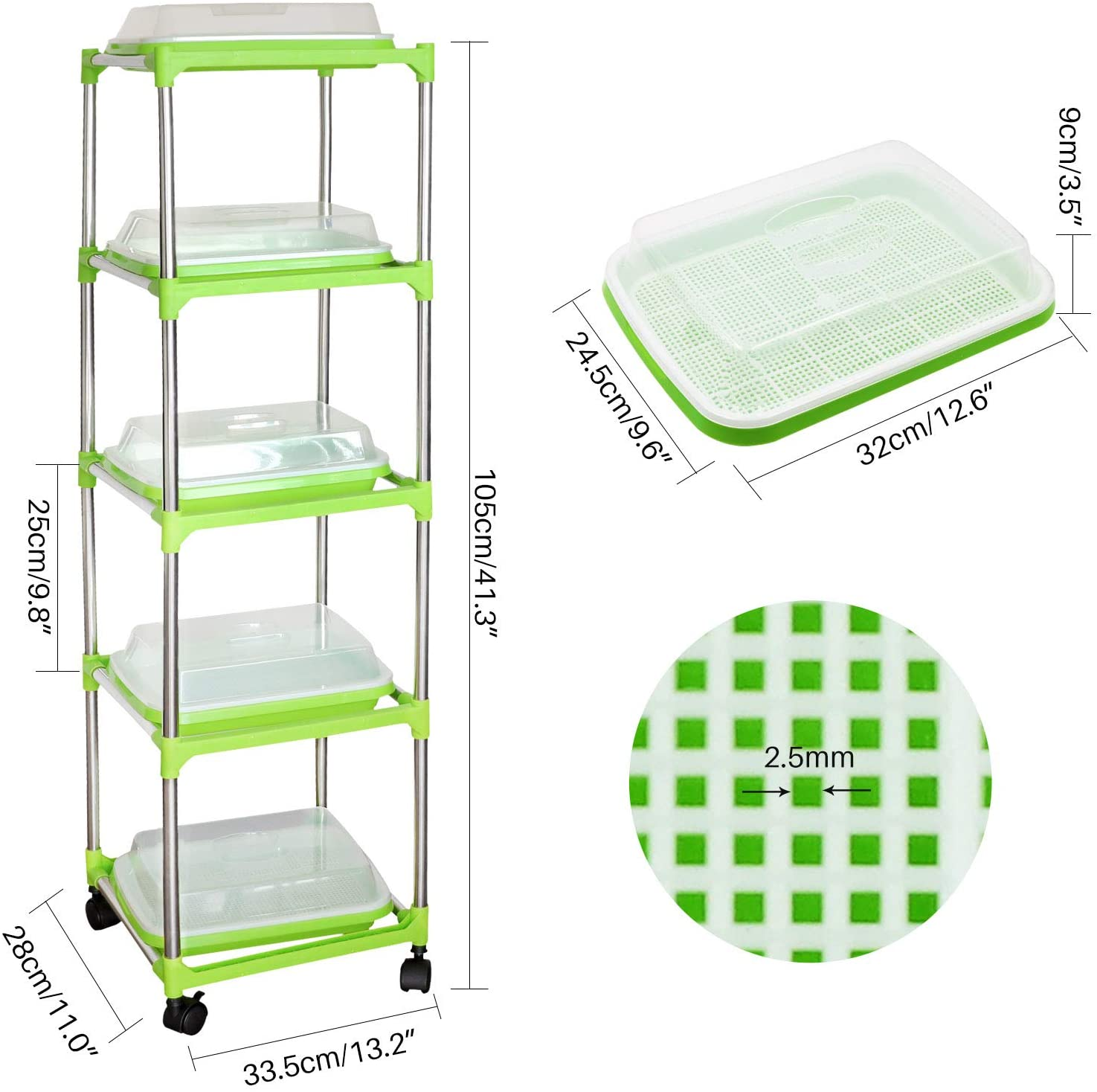 5 Layers Seed Sprouter Tray with Stainless Steel Shelf Soil-Free Healthy Wheatgrass Seeds Grower and Storage Trays for Garden Home Kitchen Office(5 Pack Seed Sprouter Trays with 5 Layers Shelf)
