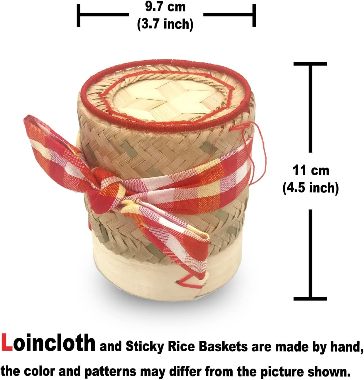Pack of 2 Small Sticky Rice Basket Size 3.5 Inches Thailand Laos Handmade Bamboo Serving Baskets Rice Container Set with Pa Kao Ma Traditional Loincloth | Goldleafking AU image number 2
