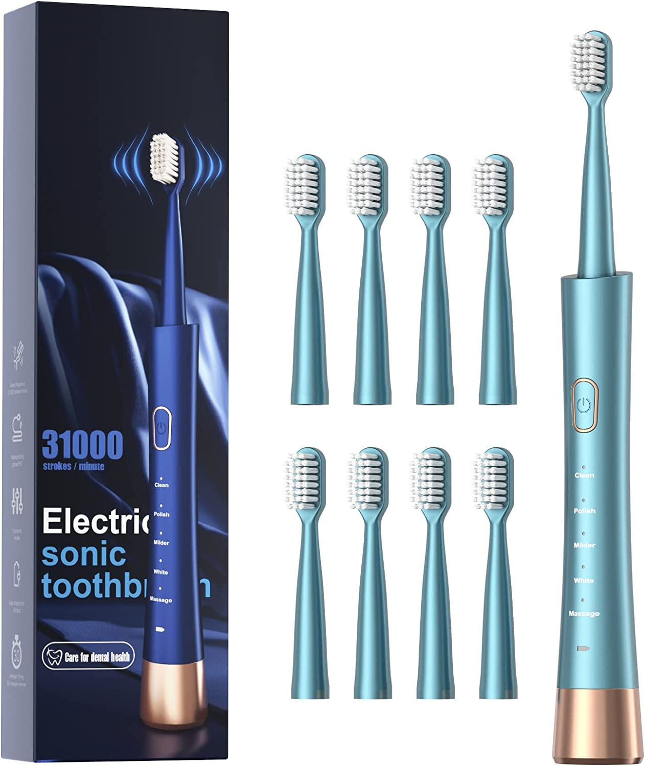 Upgrade Sonic Electric Toothbrush for Adults, 8 Replacement Brush Heads, Rechargeable Electric Toothbrush with 2-Minutes Timer IPX7 Water-Proof, for Indoor & Outdoor, White & Green Gradient