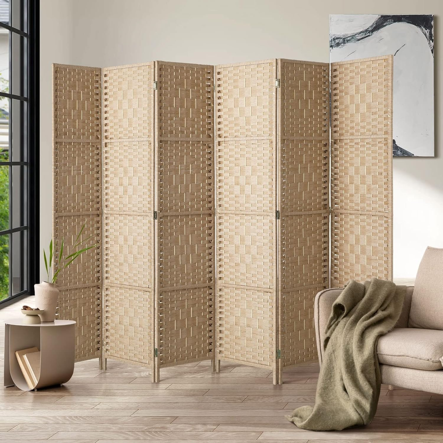Oikiture Room Divider 6 Panel Screen Wood image number 5