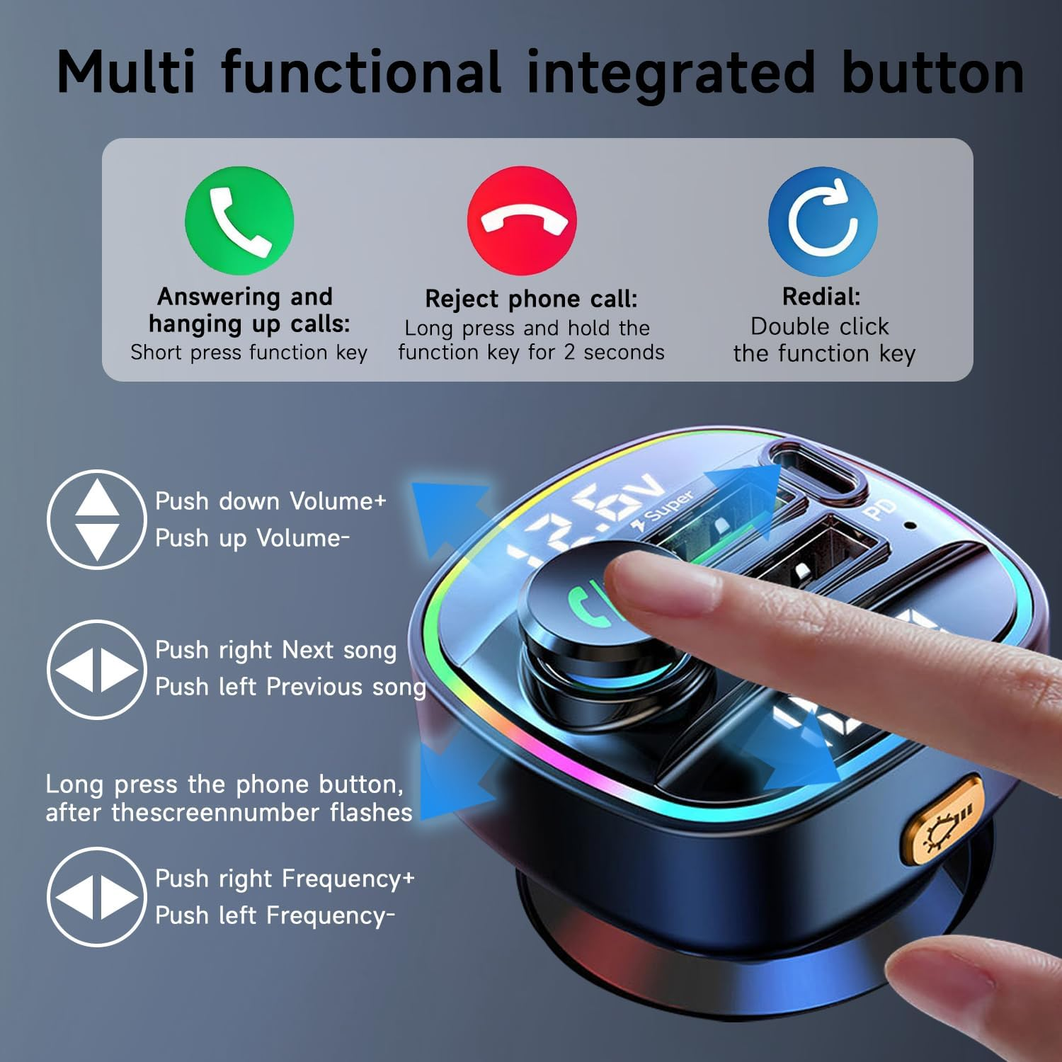 QUMOX Bluetooth 5.0 FM Transmitter for Car, C22 Adapter with 30W PD Fast Charging, Voltage Display, Big Knob Control, USB/TF Music Playback, Voice Assistant, Hands-Free Calls image number 2