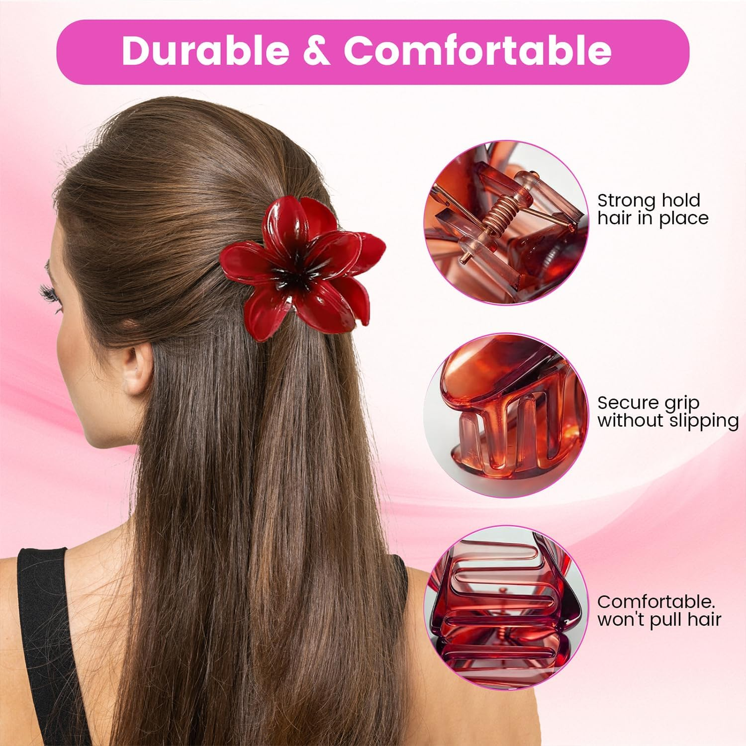 Flower Hair Claw Clamp for Women Large Hawaiian Flower Clip for Thin Thick Curly Hair (Black, White, Red) image number 5