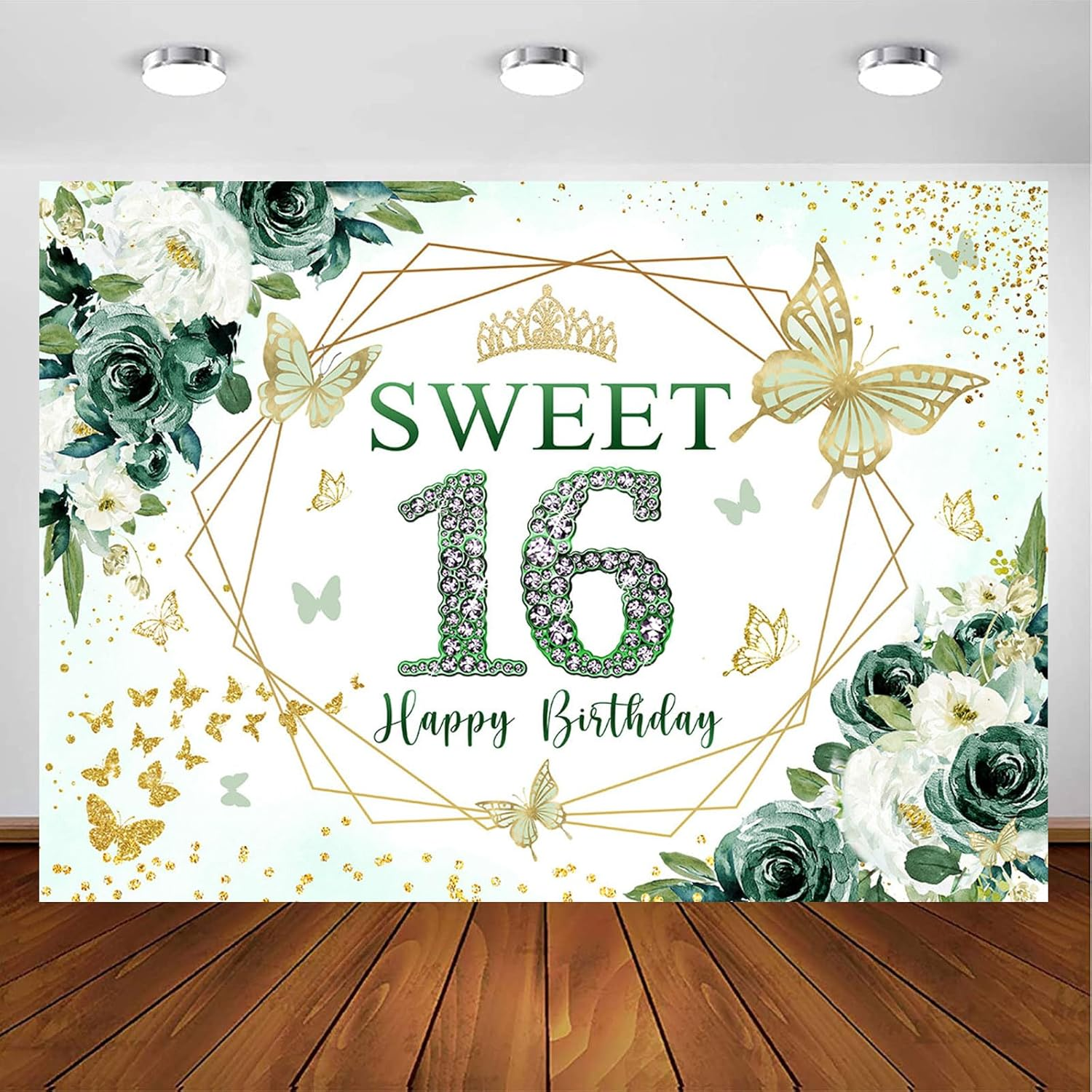 Inmemory Sweet 16 Birthday Backdrop Floral Green Roses Glitter Gold Butterfly Princess Girls Sixteen 16Th Birthday Theme Party Decoration Banner Bday Cake Table Background 7X5Ft image number 2