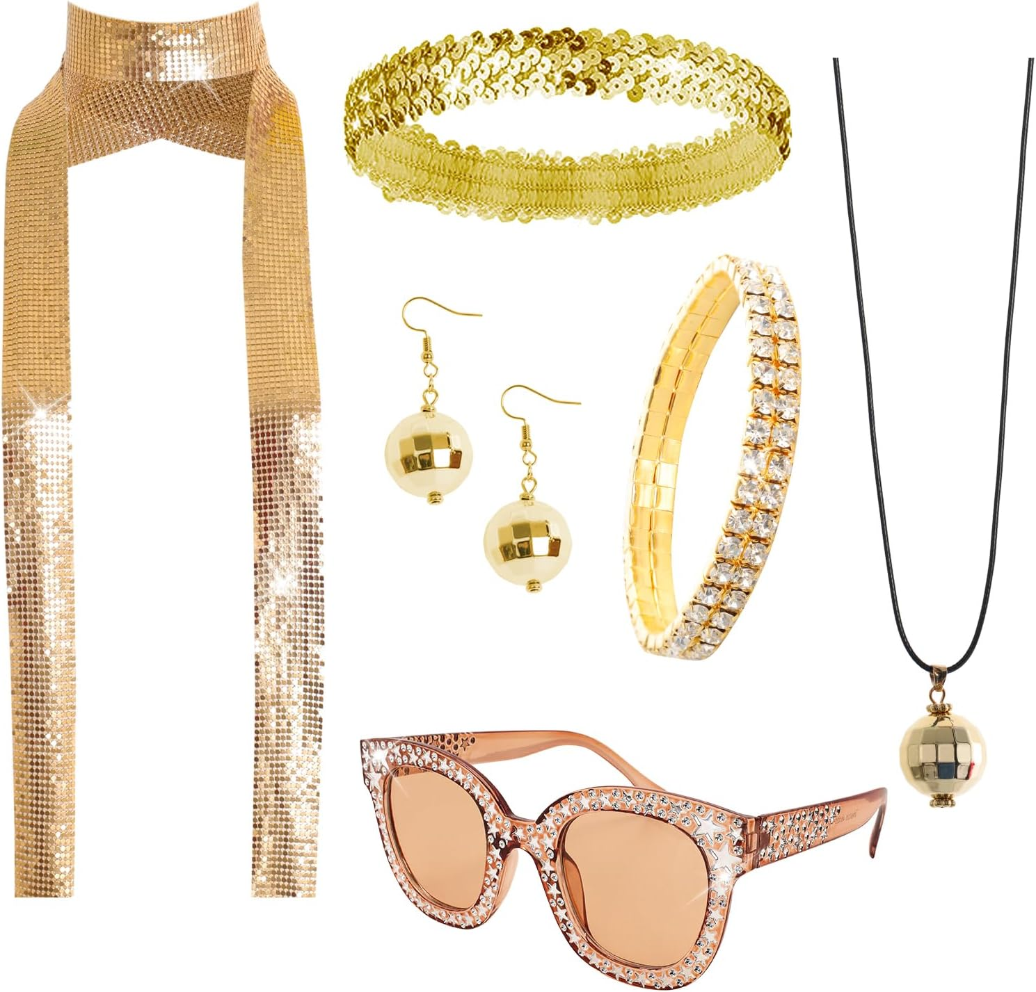 6 Pcs 70S Women Disco Accessories Disco Costume Jewelry Disco Sequin Scarf Headband Diamond Bracelet Ball Necklace Earring Glasses(Gold)