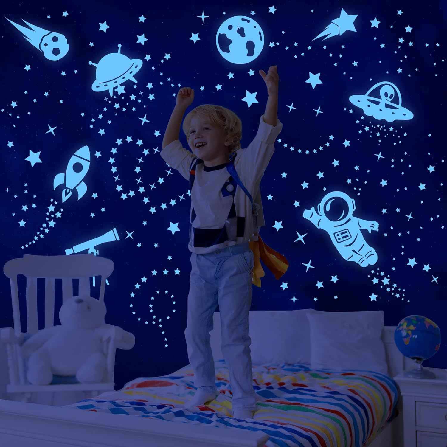 Glow in the Dark Stars Ceiling Space Wall Decals Glow in the Dark Astronaut Universe Galaxy Planet Wall Stickers Glowing Stars for Bedroom Living Room Decor image number 5