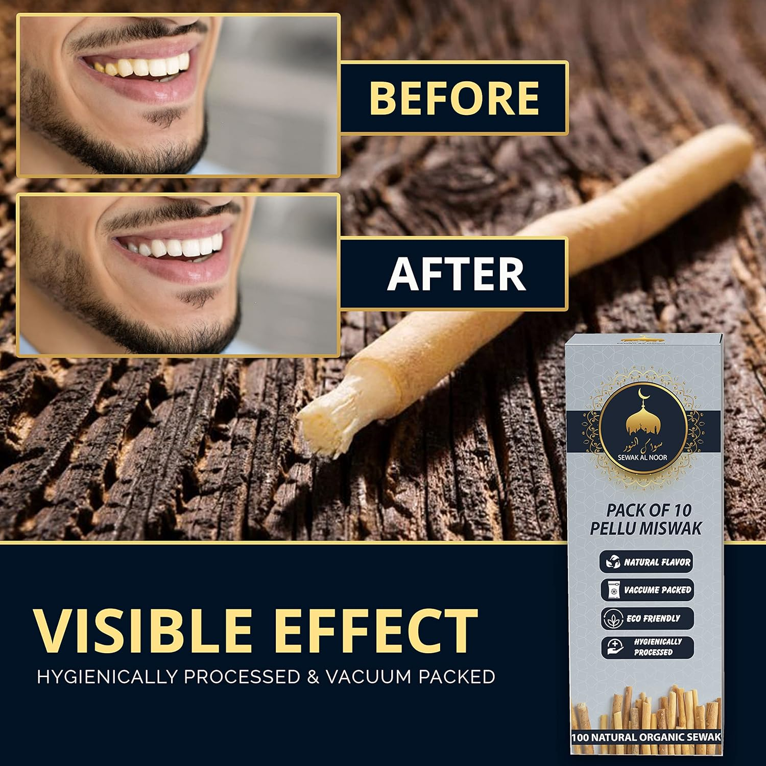 Sewak Al Noor Pack of 10 Miswak Sticks for Teeth with Holder - Vacuum Sealed Natural Flavored Chew Sticks for Humans - Natural Toothbrush for Teeth Whitening, Oral Health & Fresh Breath || Pack of 10