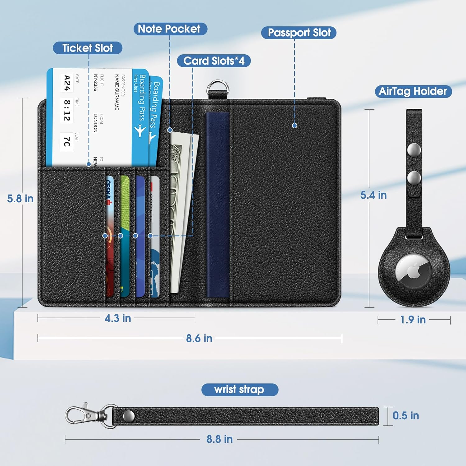 Fintie Passport Holder with Airtag Holder, Slim Travel Wallet RFID Blocking Passport Cover Protector Essentials with Credit Card Slots for Women/Men, Black, Classic image number 6