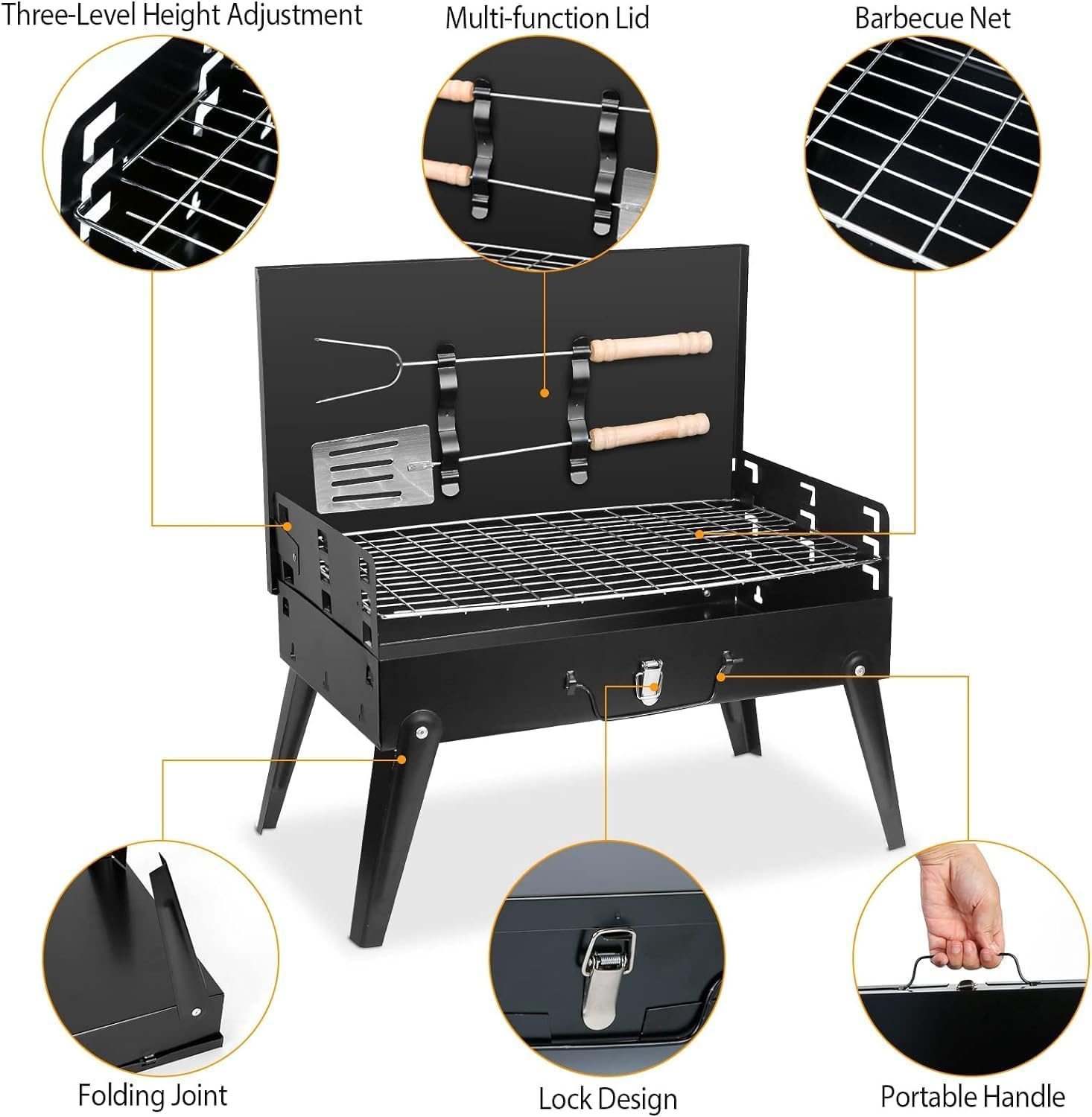 XICEN BBQ Grill Outdoor Folding, Foldable Camping Grill with Barbecue Accessories & Lid for Outdoor Cooking Camp Picnic Hiking Beach Patio Smokers image number 2