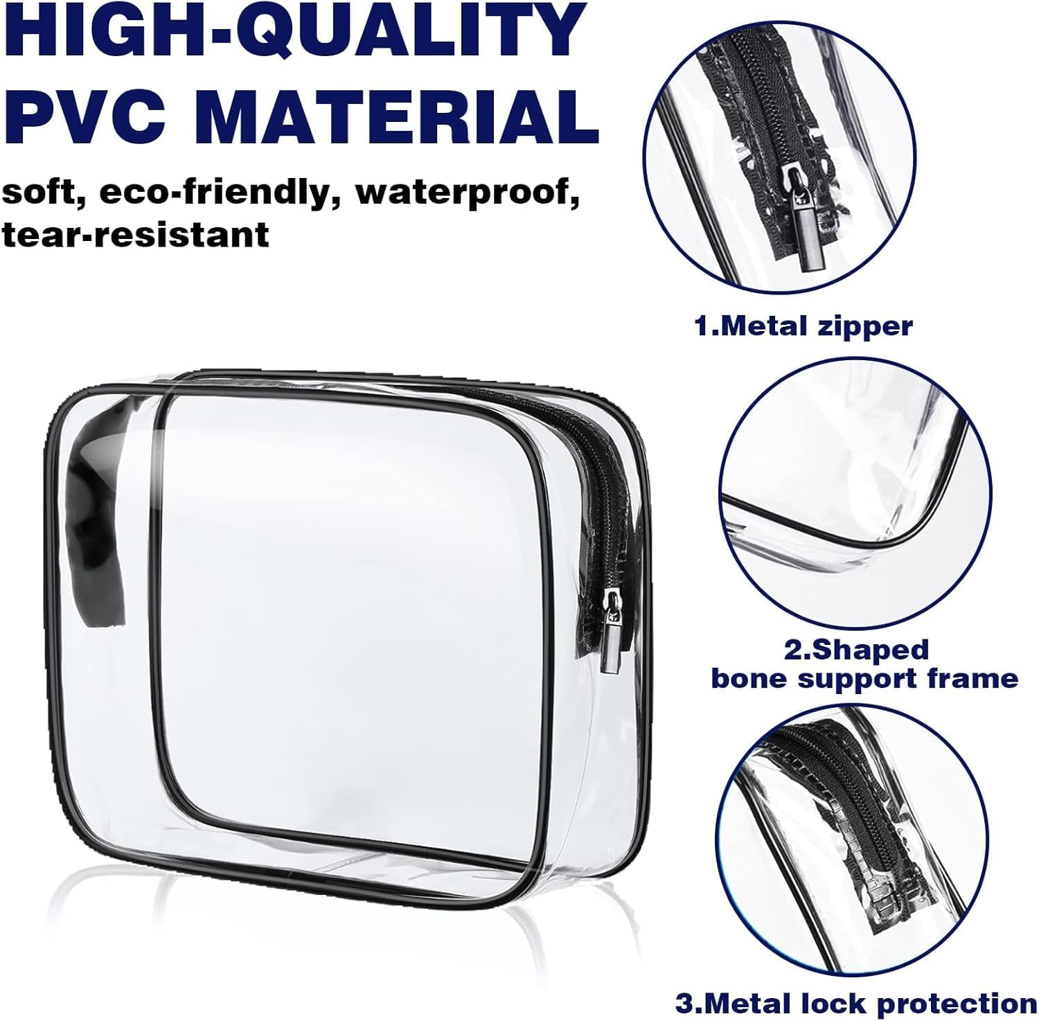 4 Pack Clear Waterproof Toiletry Bags with Zippers for Travel, Beach Vacation & Bathroom (Black) image number 5