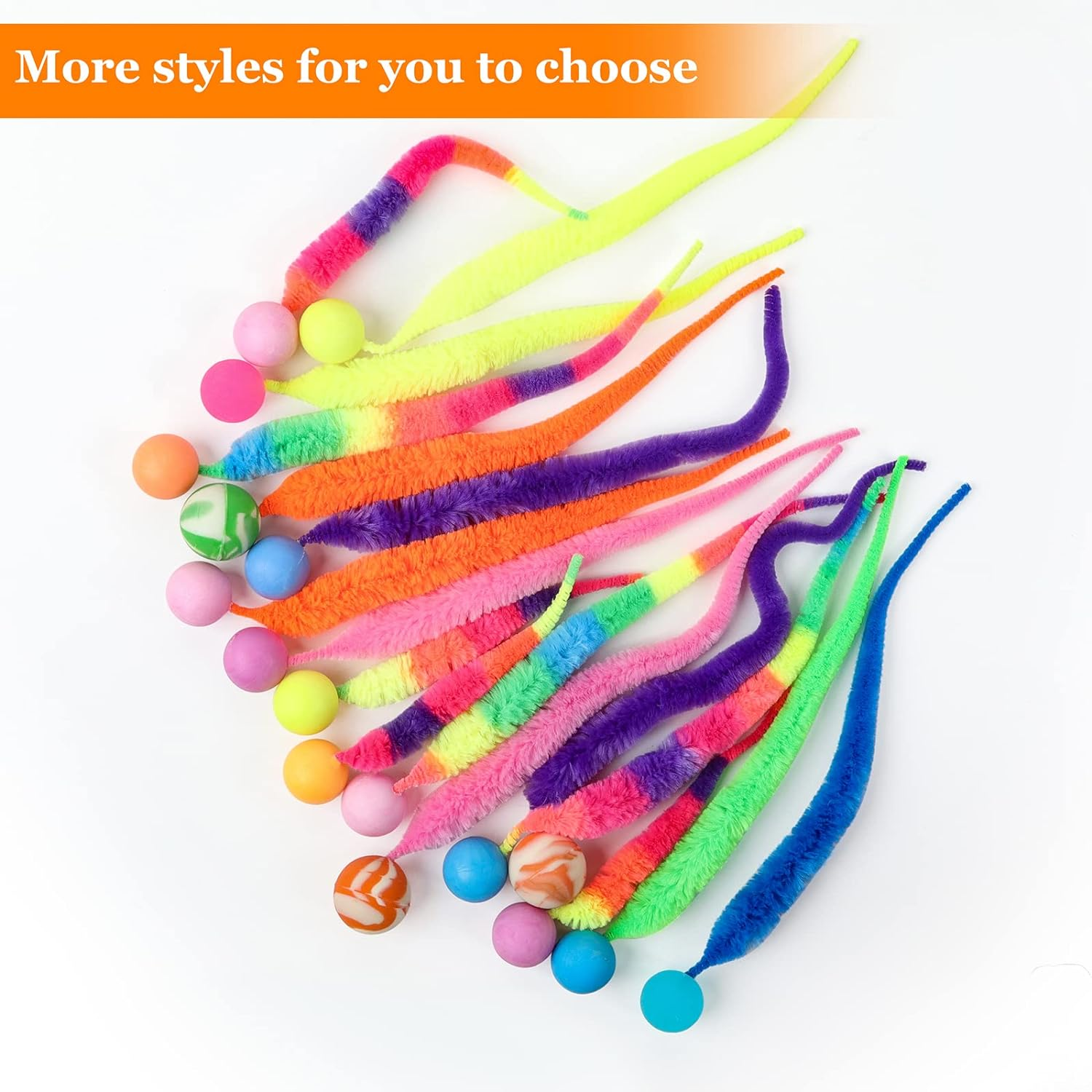 SHENGSEN Bouncy Ball with Tail Cat Toys-5 Packs,Large Magic Worm with Fluorescent Ball Toy for Cats,Colorful Fuzzy Worm Bouncy Glow Balls Cat Toy - Colorful Ball image number 2