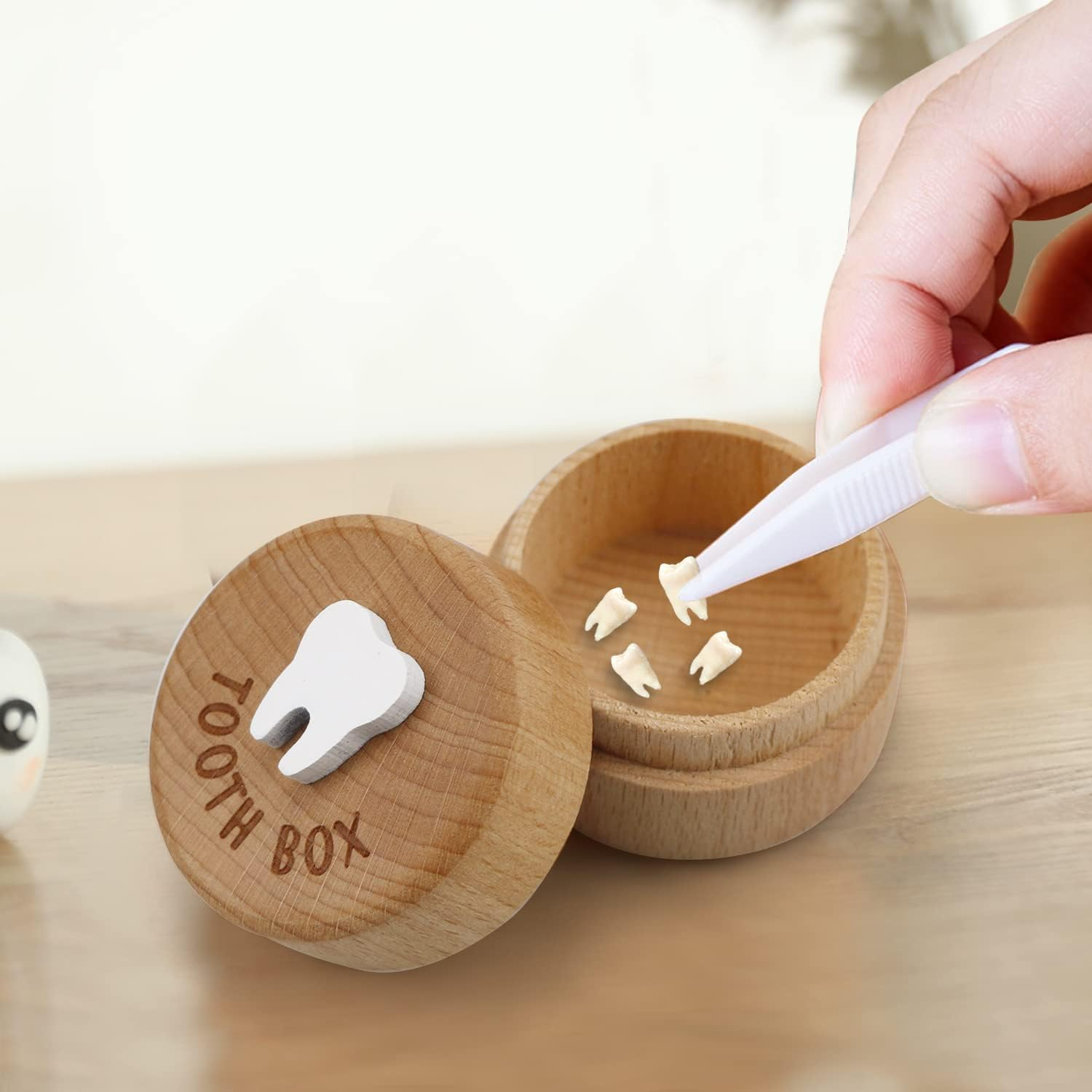 Tooth Fairy Box 3D Carved Wooden Box Souvenir Dropped Tooth Keepsake Storage Box Boy or Girl (Tooth Fairy Box) image number 6
