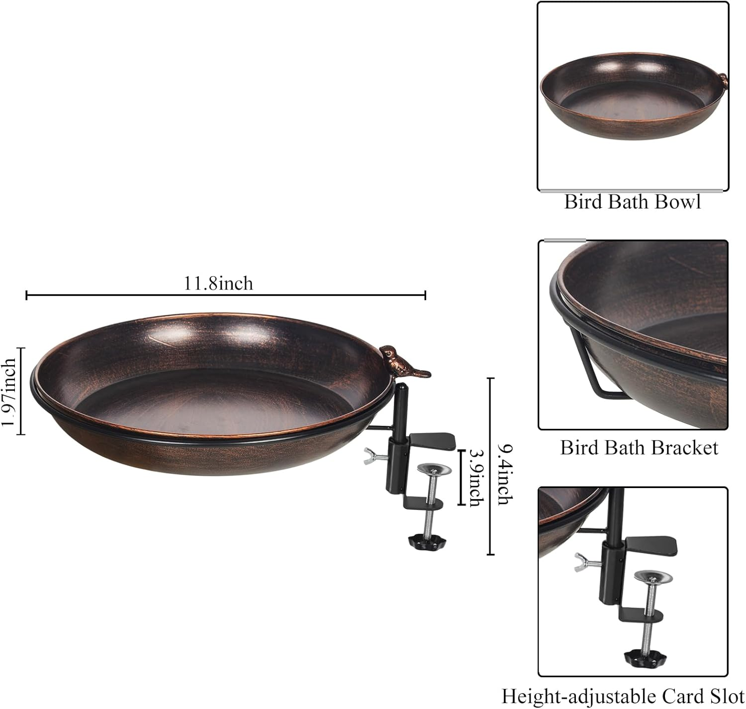 DREAMSOUL Deck Mounted Bird Bath Metal Birdbath Bowl Unheated with Lightweight Detachable, Bird Baths with Adjustable Sturdy Steel Clamp for Deck Railing Balcony Yard Outdoors Garden Decoration - A-Red Copper image number 3