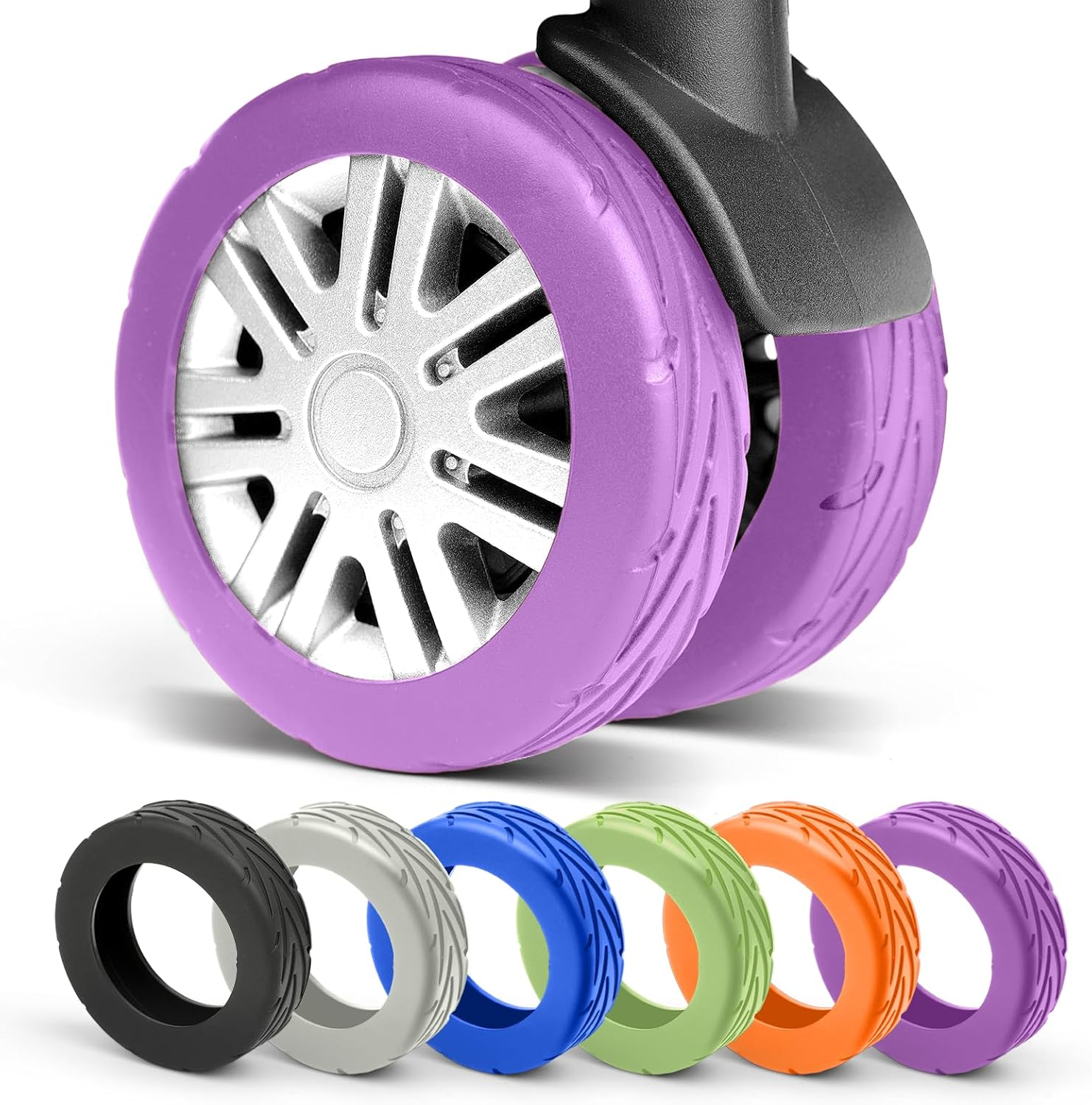 TSJLIKI 8-Pack Upgrade Luggage Wheel Covers, Wear-Resistant & Anti-Noise Silicone Protectors for 5-6Cm Spinner Wheels, Universal Fit for Carry-On Suitcase (Purple) - Blue image number 3