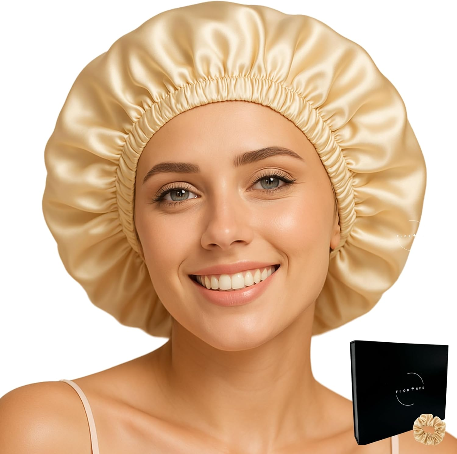 Silk Bonnet for Sleeping with Clip Suitable for All Sizes & Hair Types - Protects Hair from Breakage & Split Ends | Retains Curl Shape, Saves Time While Styling | Flortree (Champagne)