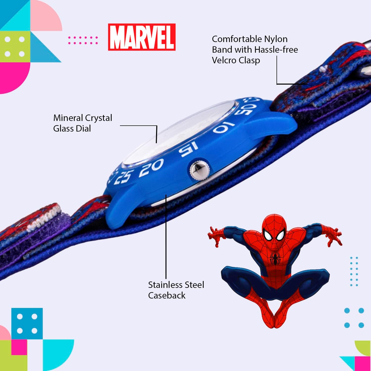 MARVEL Spider-Man Kids' Plastic Time Teacher Analog Quartz Nylon Strap Watch, Blue/Multi, Analog Spider-Man Watch image number 1