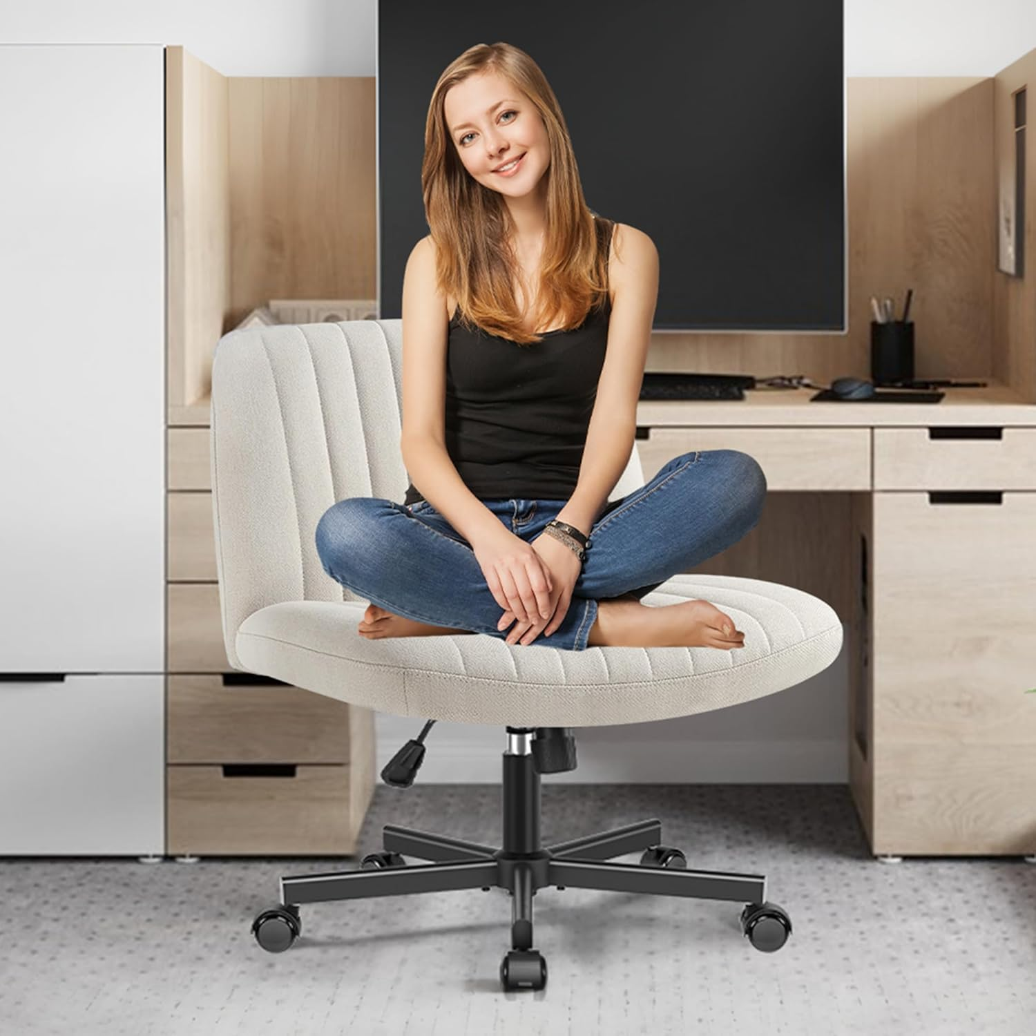 ONEIN Cross Legged Chair, Armless Office Chair with Adjustable Height, 360&deg; Swivel, and Upholstered Cushioned Seat, Modern Ergonomic Desk Chair for Home Office, Vanity, and Study &ndash; Beige image number 3