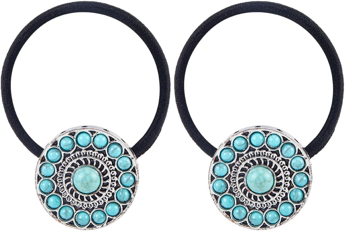 CABODYALS Pack of 3 Boho Western Style Circular Ponytail Holders Metal Turquoise Decorative Hair Bobbles Bracelet Vintage Cowgirl Elastic Hair Bands Rope for Women Outfit Ceremony Party Accessories image number 1