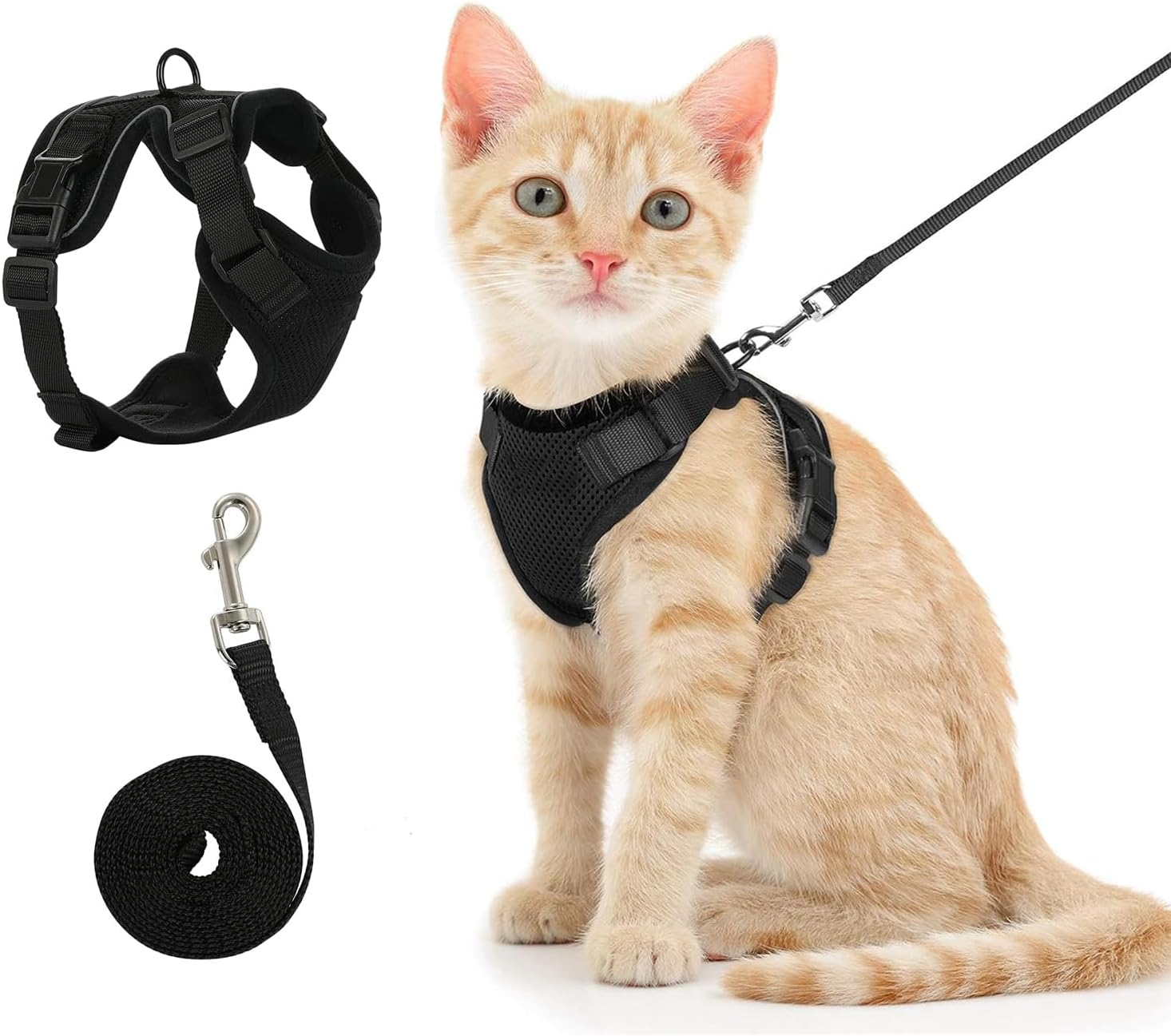 PAWCHIE Cat Harness and Leash Set for Walking,Escape Proof Safe Adjustable Kitten Vest Harnesses,Easy Control Soft Breathable Mesh Jacket with Reflective Strips for Cats,Black,Xs (S) image number 4